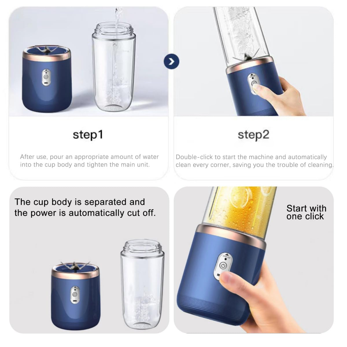 Tragbarer Mixer mit Anweisungen: Wasser, mixen. Blauer Mixer mit Wasserflasche und Saftbecher.