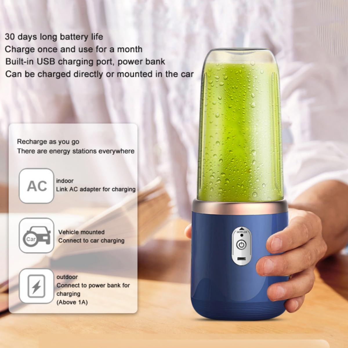 Hand hält einen blauen tragbaren Mixer mit Text zu Akkulaufzeit und Lademöglichkeiten.