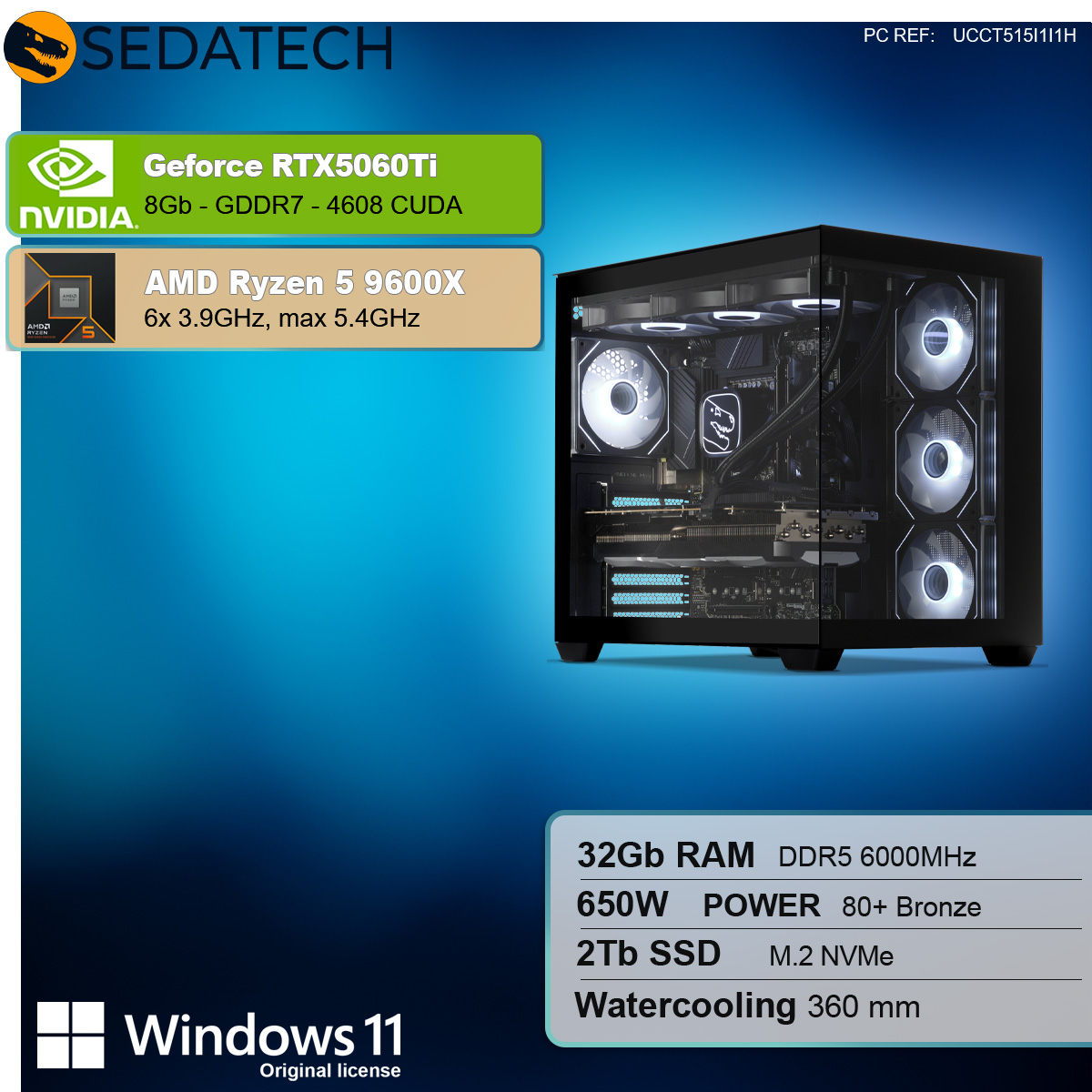 Schwarzes PC-Gehäuse mit Komponenten, Nvidia GeForce RTX 5060Ti, AMD Ryzen 5 9600X. Spezifikationen unten.