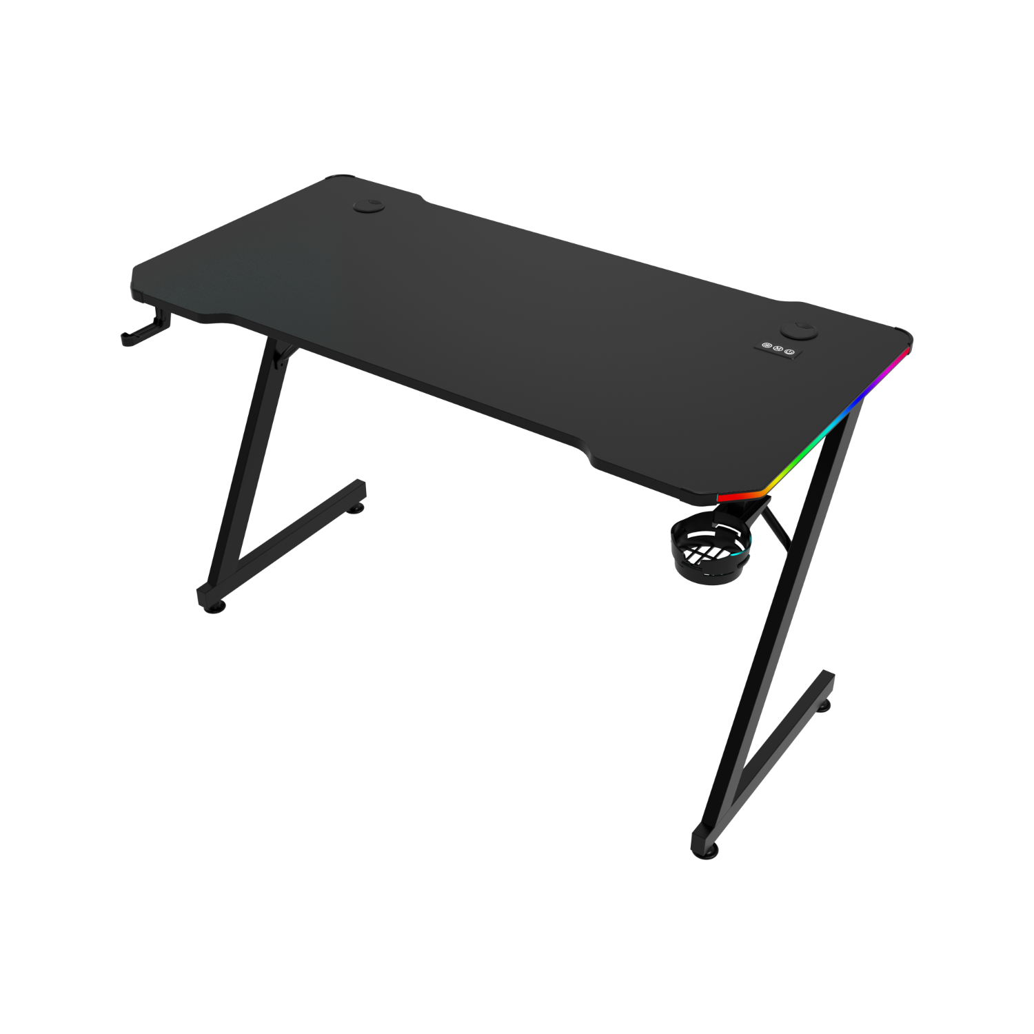 Schwarzer Gaming-Schreibtisch mit Z-förmigem Rahmen. Inklusive Becherhalter und Lichtleiste am oberen Rand.