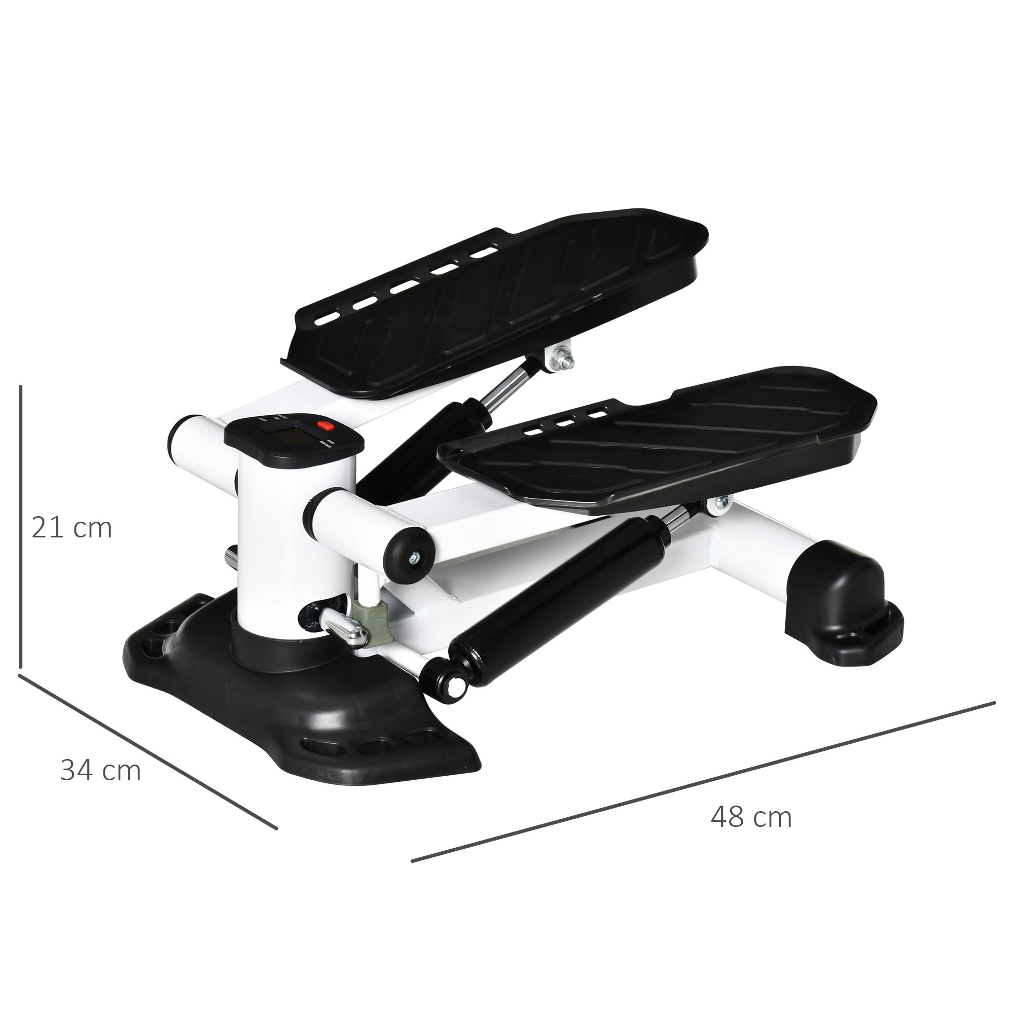 Weißer und schwarzer Stepper mit Abmessungen: 21 cm Höhe, 34 cm Breite und 48 cm Länge.