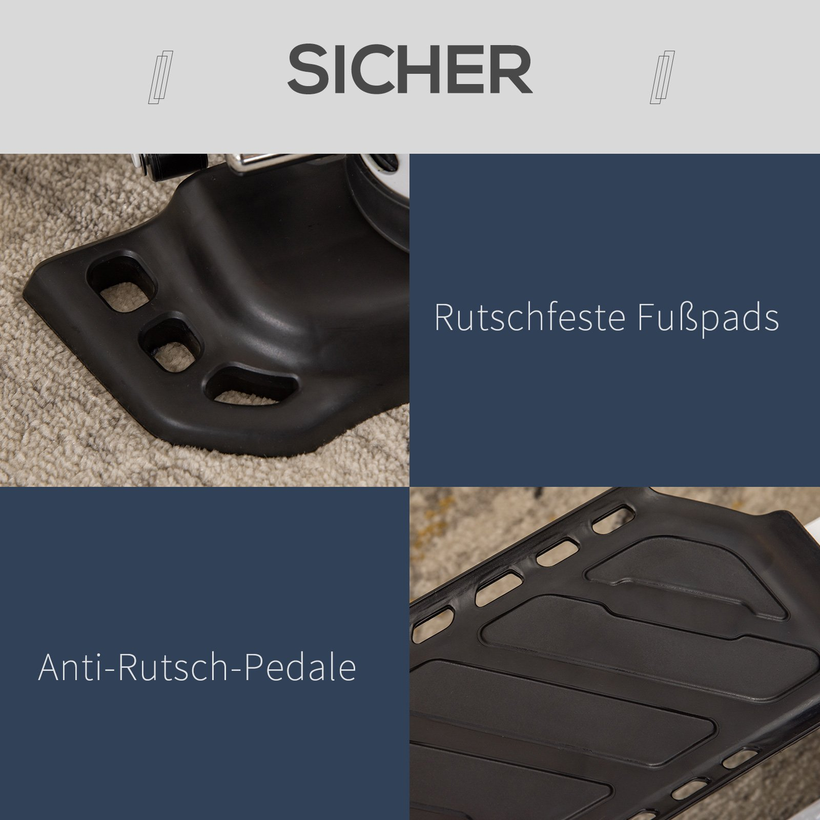 Nahaufnahme der schwarzen Fußpads und Anti-Rutsch-Pedale eines Steppers. Text sagt 'Sicher' und 'Rutschfest'.