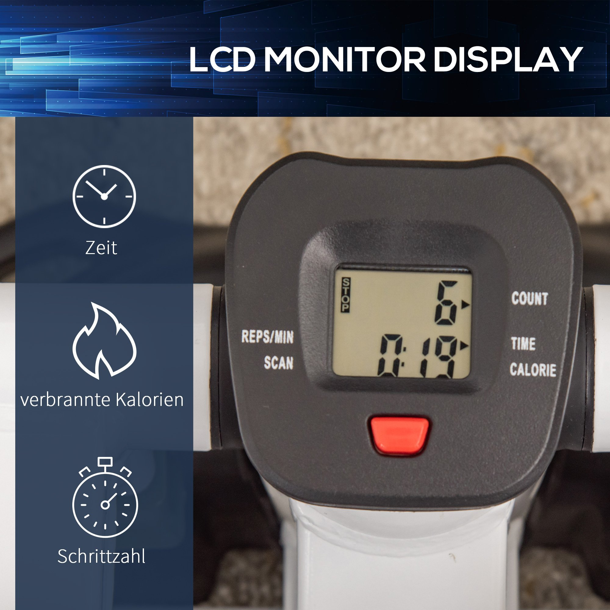 Nahaufnahme des Displays eines Steppers, das Zeit, Kalorien, Schritte und Scandaten anzeigt.