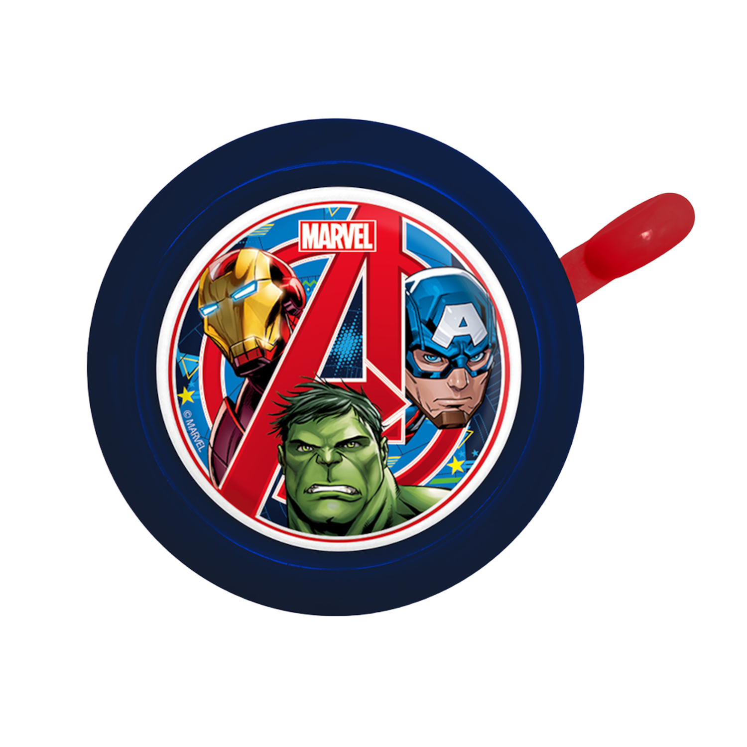 Runde Fahrradklingel mit Avengers-Charakteren: Iron Man, Captain America und Hulk.