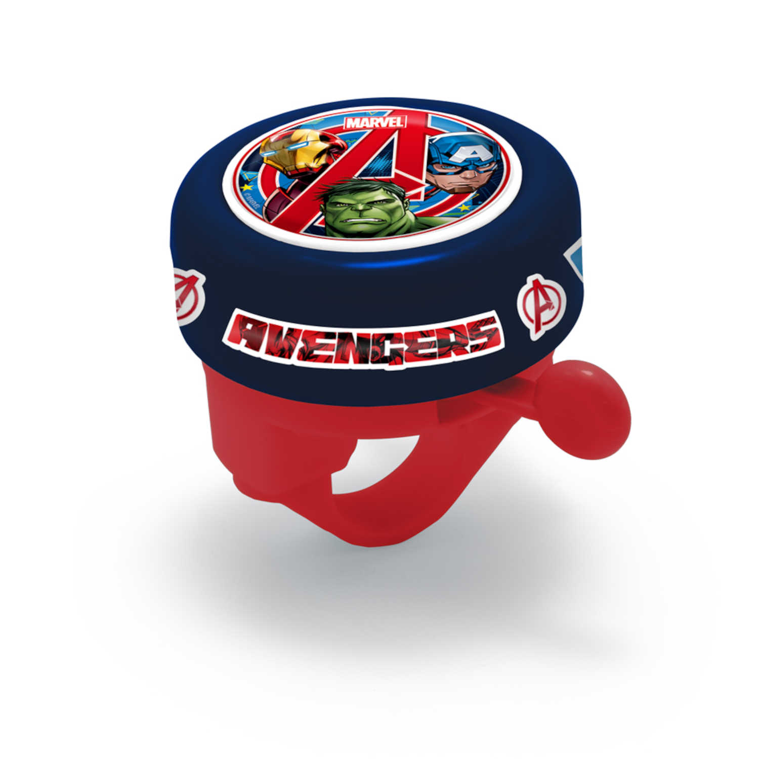 Avengers Fahrradklingel. Rote Basis, blauer Aufsatz mit Avengers-Charakteren und Logo.