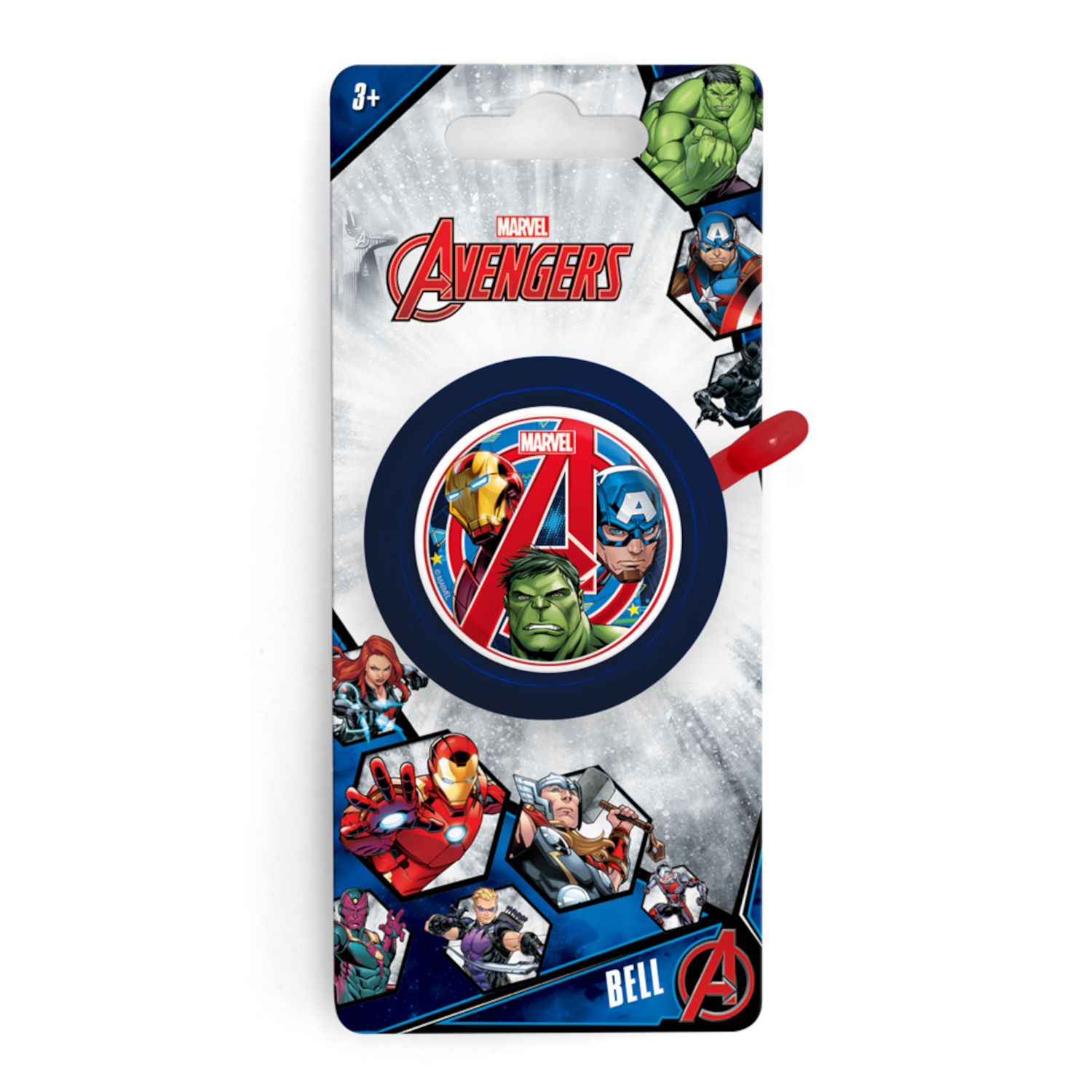 Fahrradklingel-Verpackung im Avengers-Design. Enthält Klingel mit Avengers-Charakteren und Superheldenbildern.