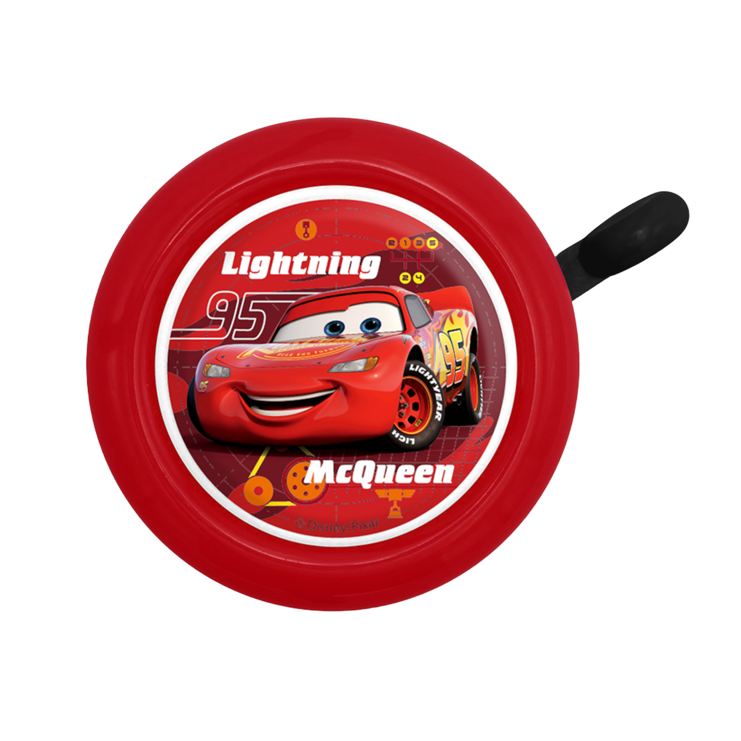 Eine rote Lightning McQueen Fahrradklingel mit Charakterbild und schwarzem Griff.