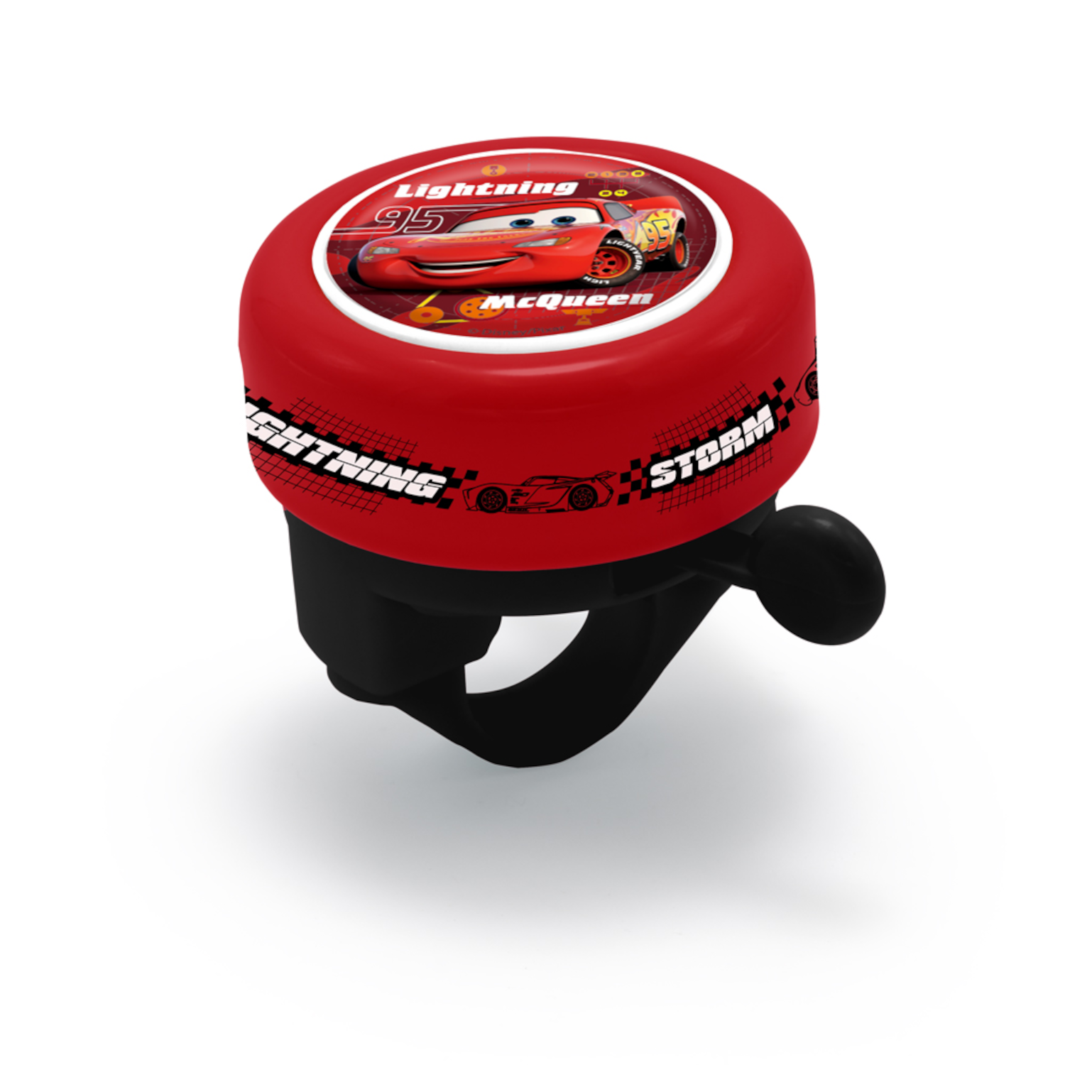 Rote Fahrradklingel mit Lightning McQueen Bild.