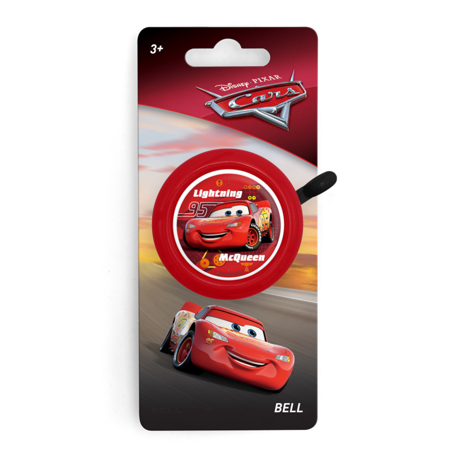 Fahrradklingel-Verpackung im Cars-Design. Enthält Lightning McQueen Klingel und ein Bild des Autos.