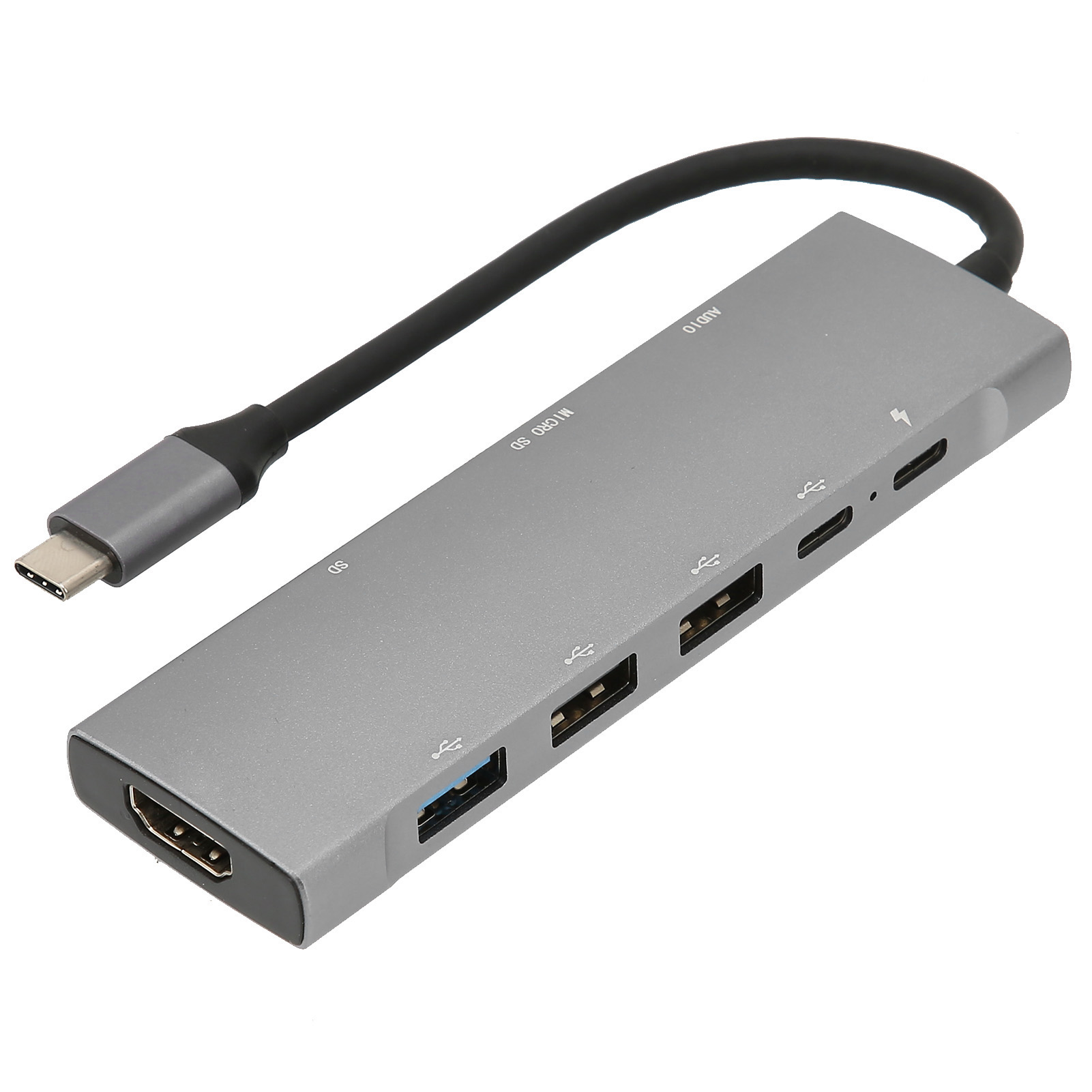 Ein grauer USB-C-Hub mit mehreren Anschlüssen: SD, Micro SD, USB, HDMI und USB-C. Schwarzes Kabel befestigt.