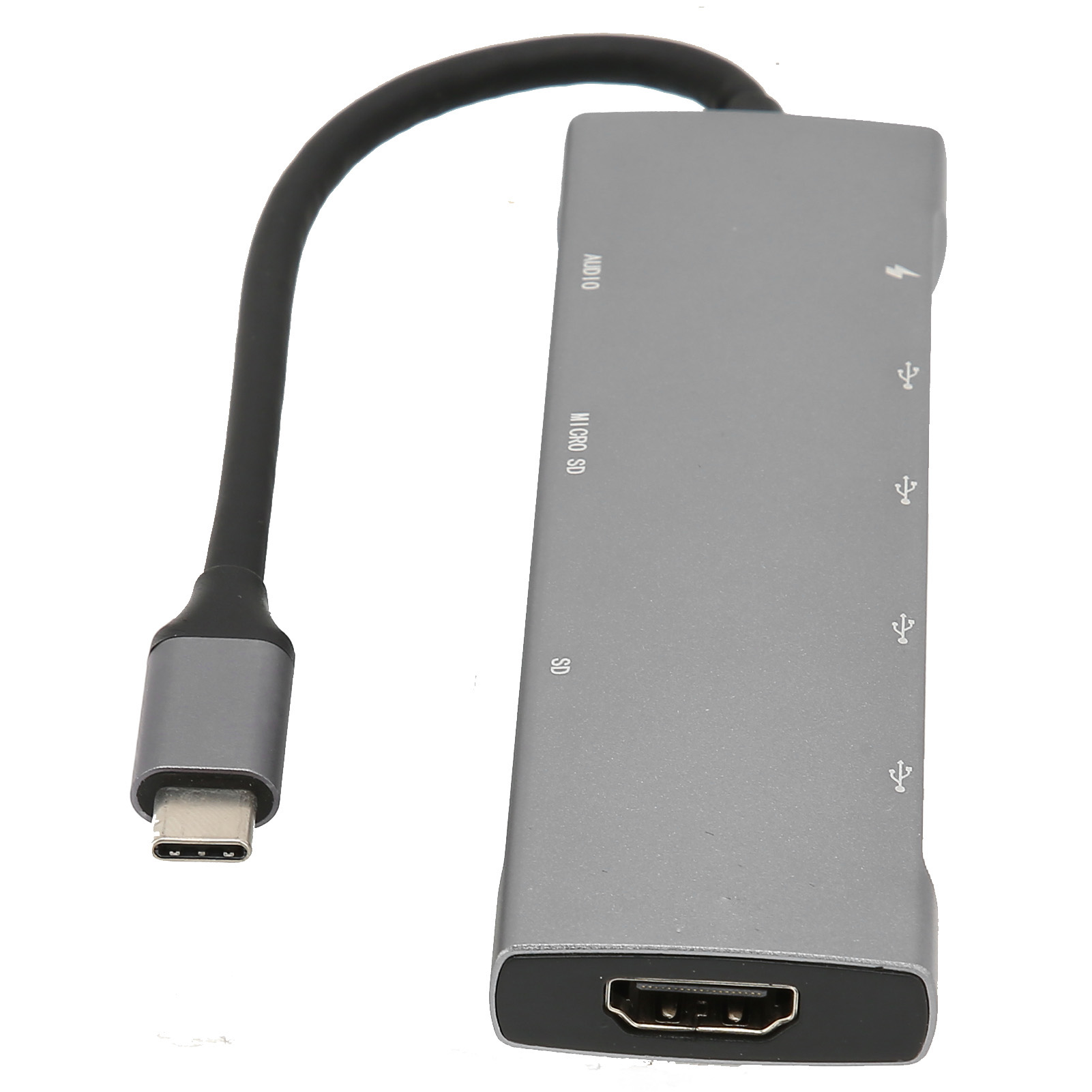 Silberner USB-C-Hub mit schwarzem Kabel, mehrere Anschlüsse.