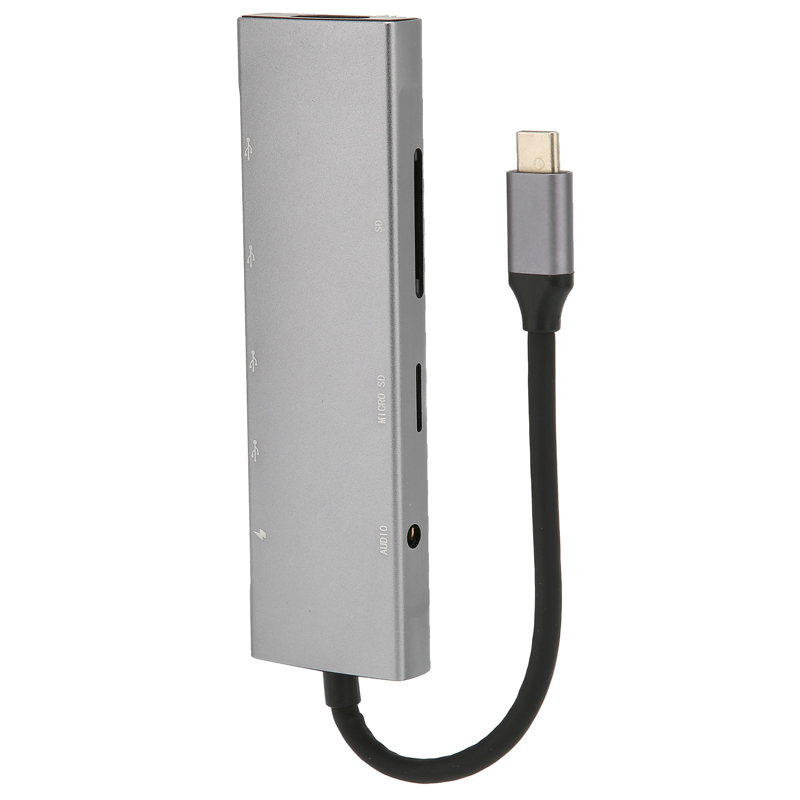 Ein silberner USB-C-Hub mit mehreren Anschlüssen. Enthält USB-, SD-, Micro-SD- und Audioanschlüsse.