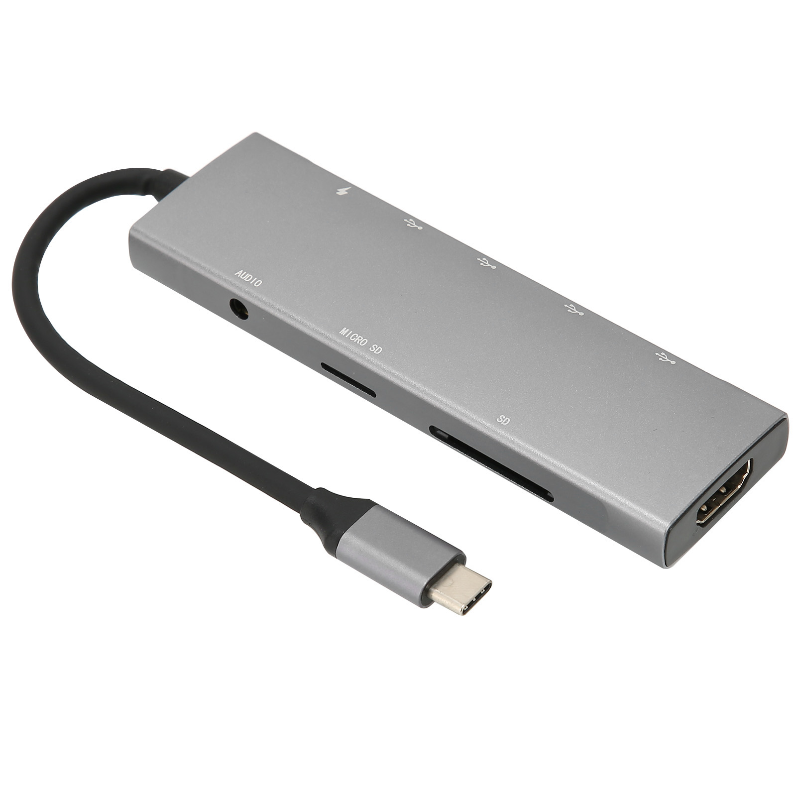 Silberner USB-Hub mit mehreren Anschlüssen und einem schwarzen Kabel.
