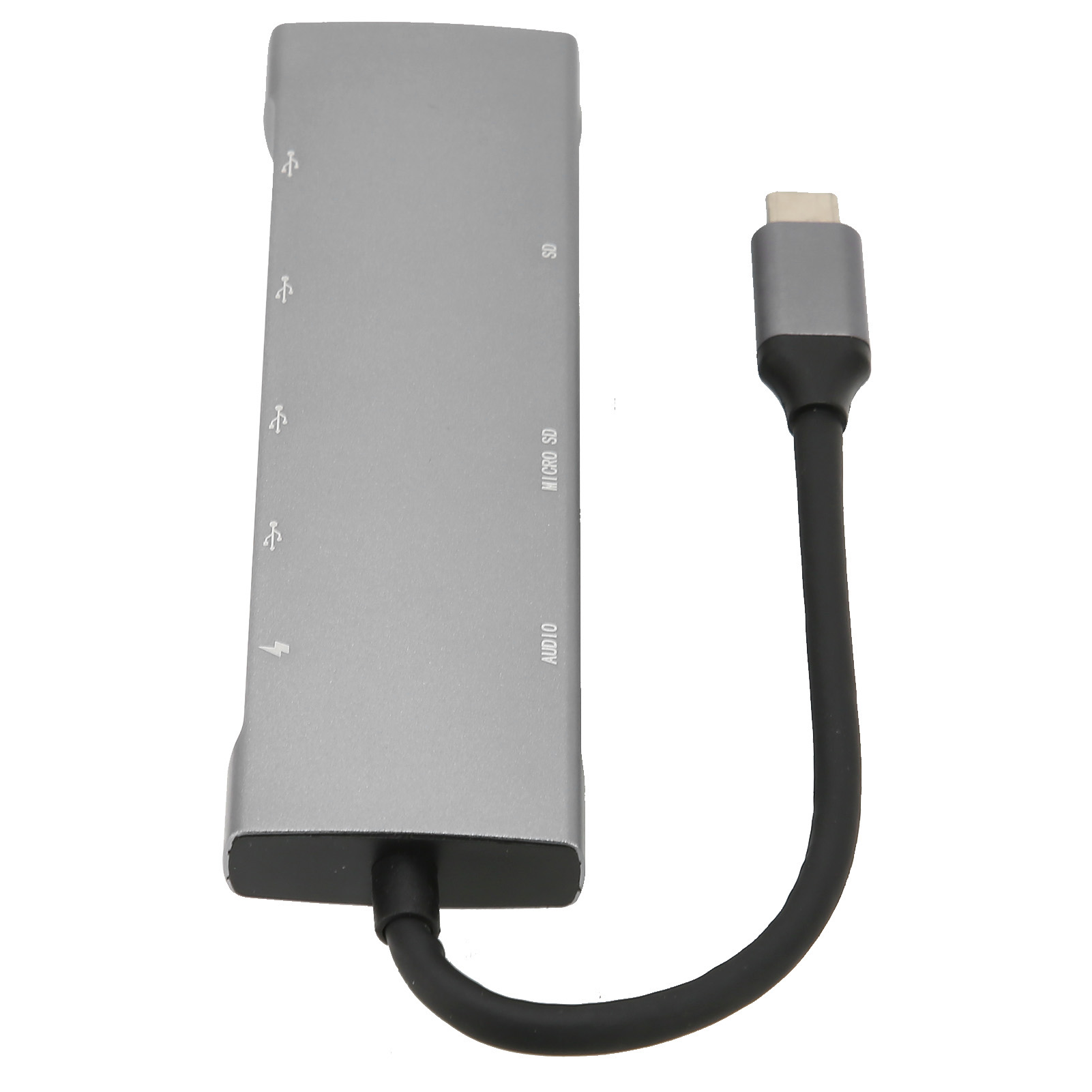 Silberner Multiport-Adapter mit USB-C-Kabel.