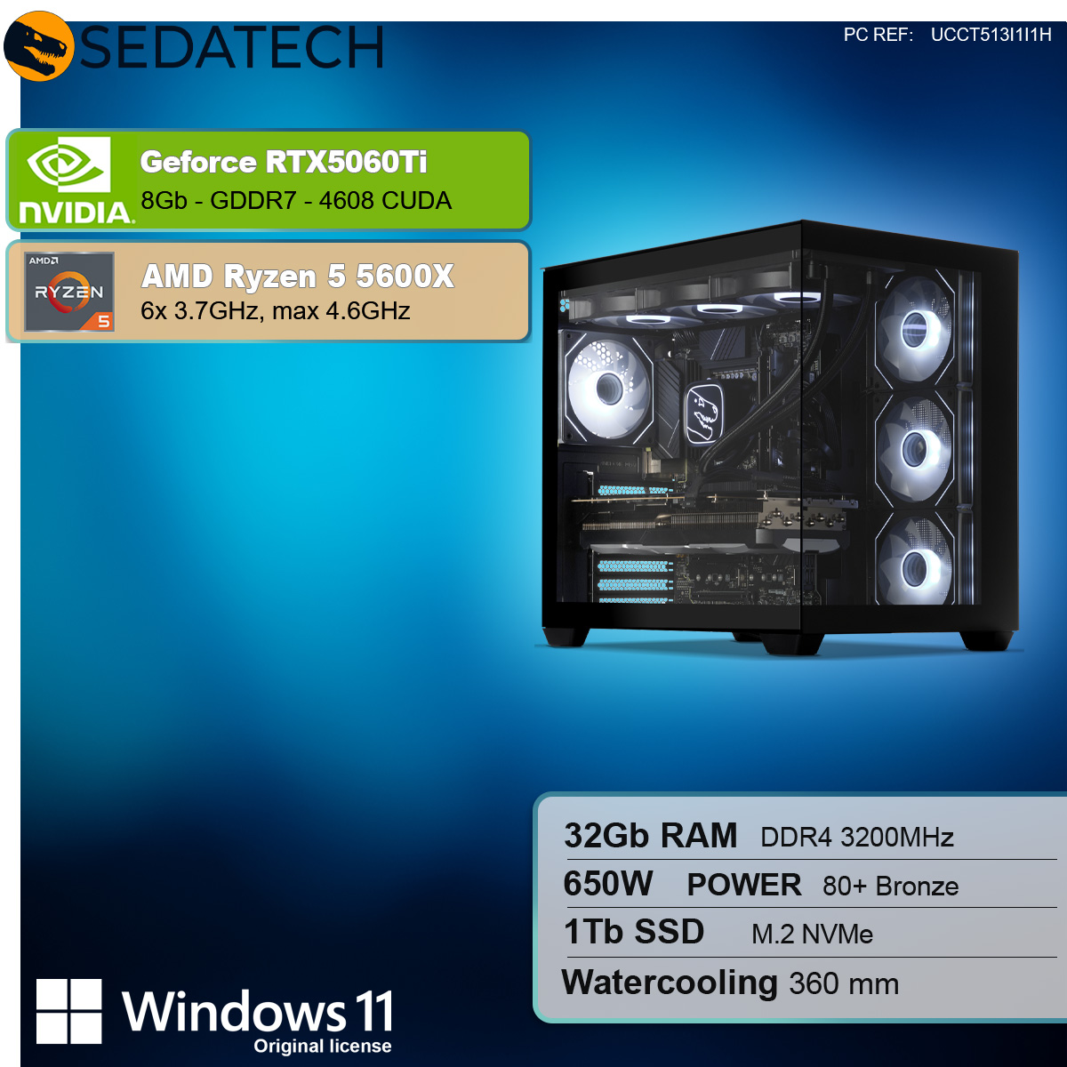 Czarna obudowa komputera z wymienionymi specyfikacjami. Pokazano kartę graficzną, procesor, RAM, pamięć masową i zasilacz.