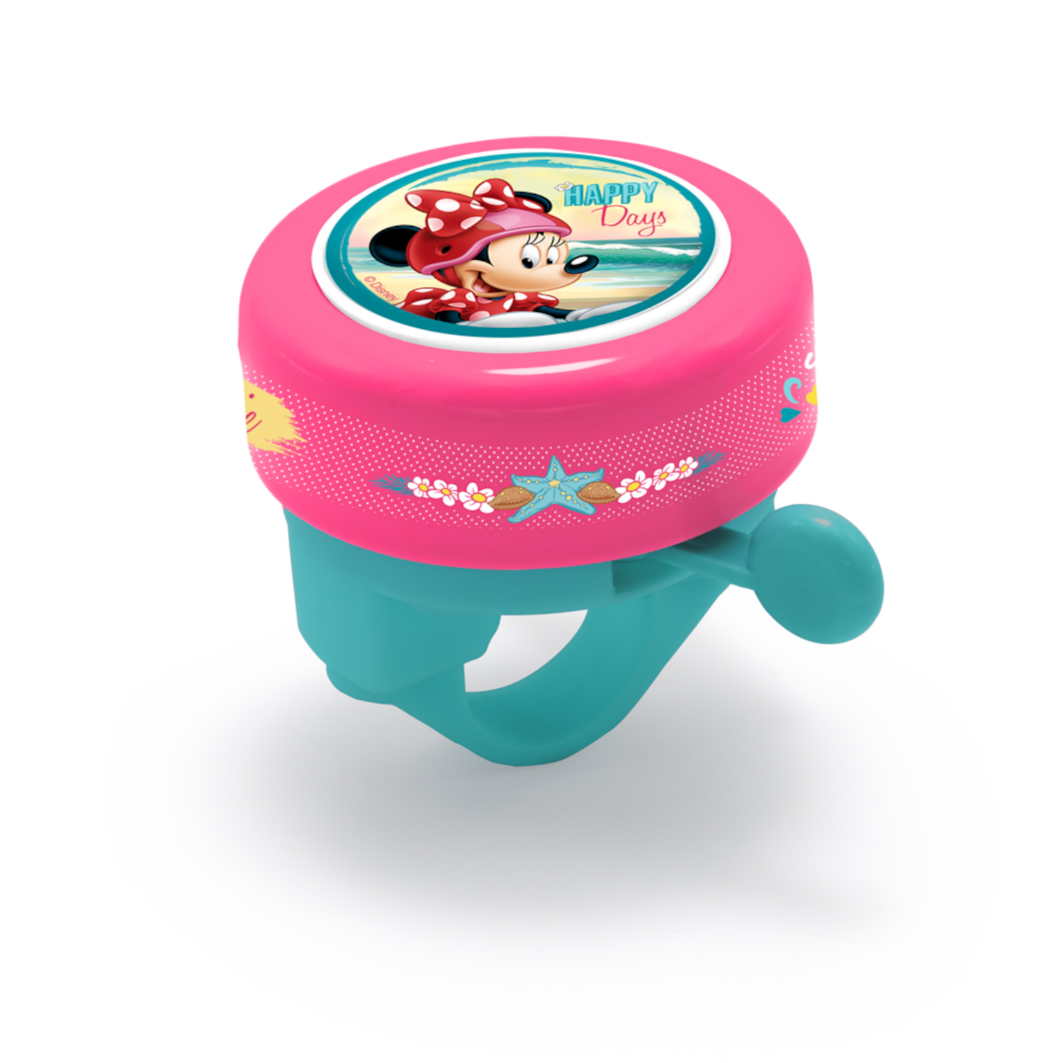Rosa Minnie Maus Fahrradklingel mit Minnie und Strandszene, mit türkisfarbenem Griff.