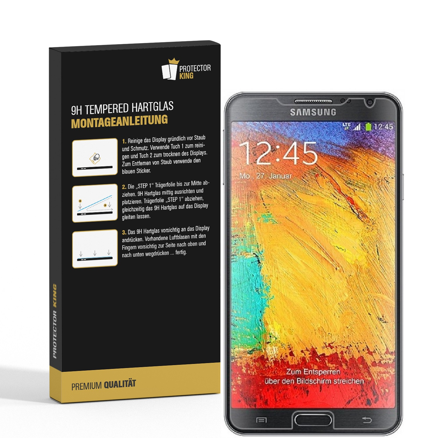 Smartphone mit Displayschutzfolienbox. Telefon zeigt 12:45 auf buntem, abstraktem Kunsthintergrund.