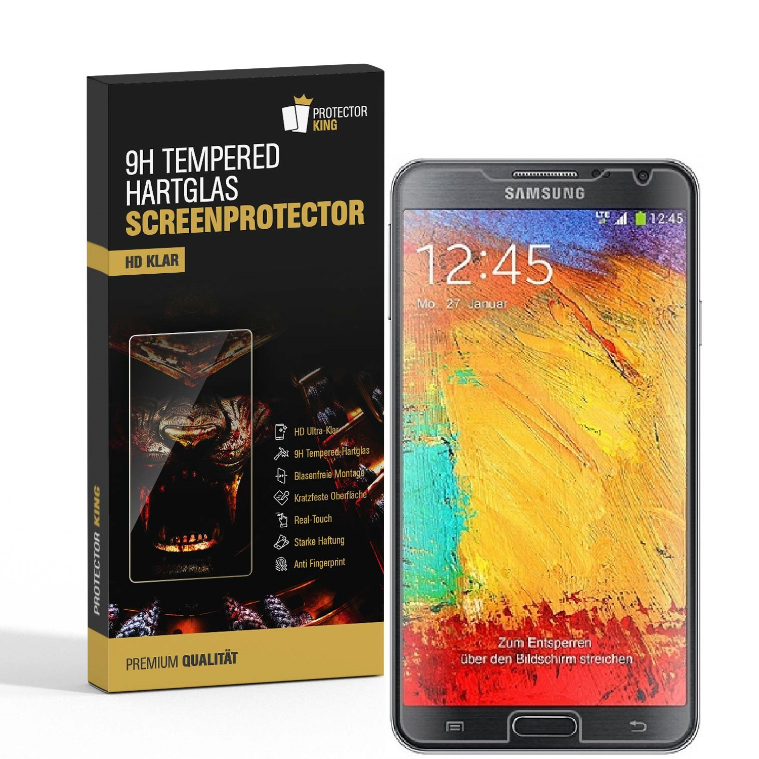 Ein Telefon mit einer Displayschutzfolienbox. Der Telefonbildschirm zeigt eine farbenfrohe Anzeige.