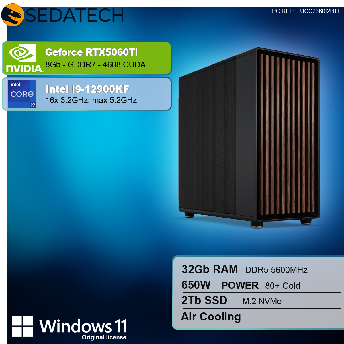 Obudowa PC z komponentami, Geforce RTX5060Ti, Intel i9-12900KF i logo Windows 11.