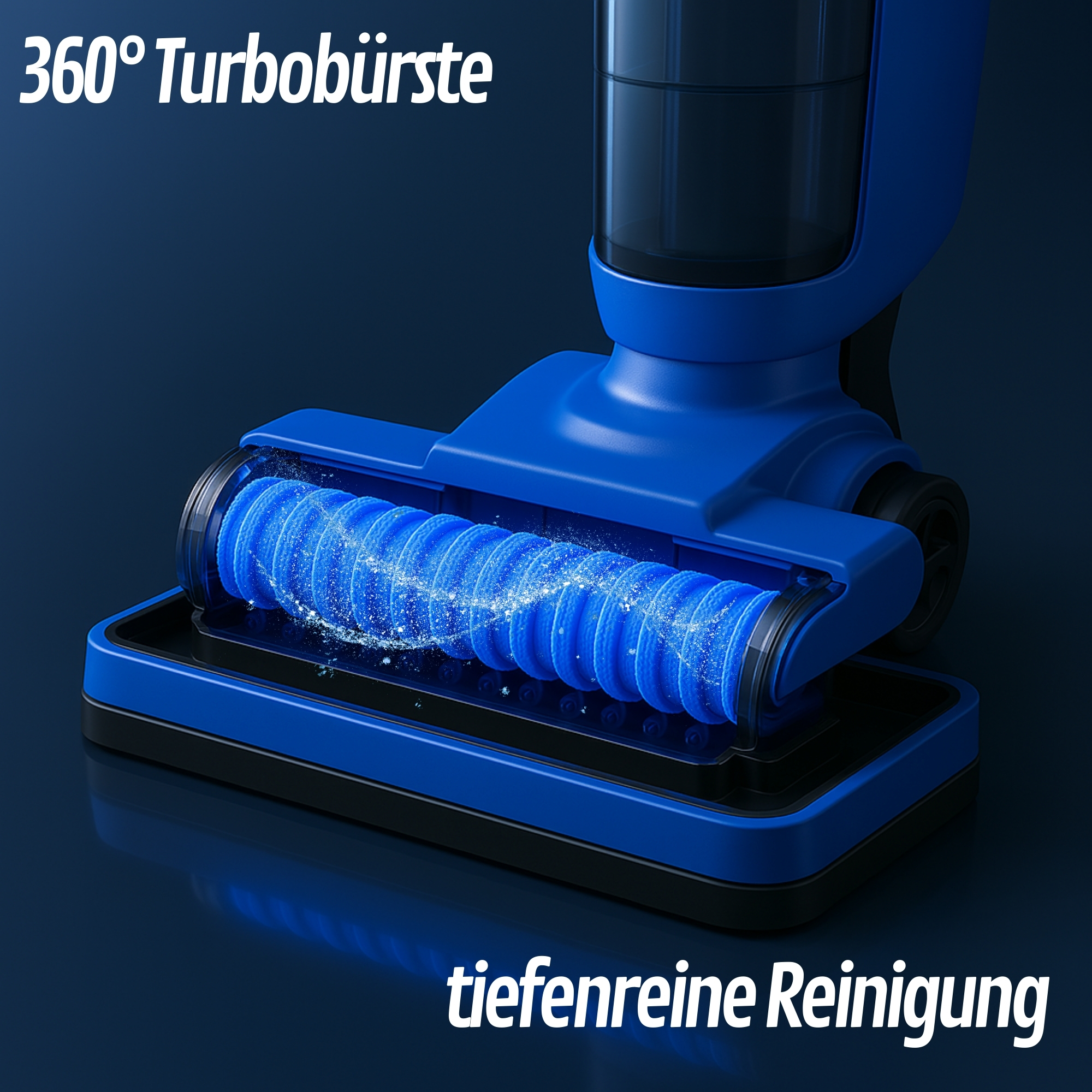 Nahaufnahme eines Staubsaugerkopfes mit blauer Walzenbürste und Text. Dunkelblauer Hintergrund.