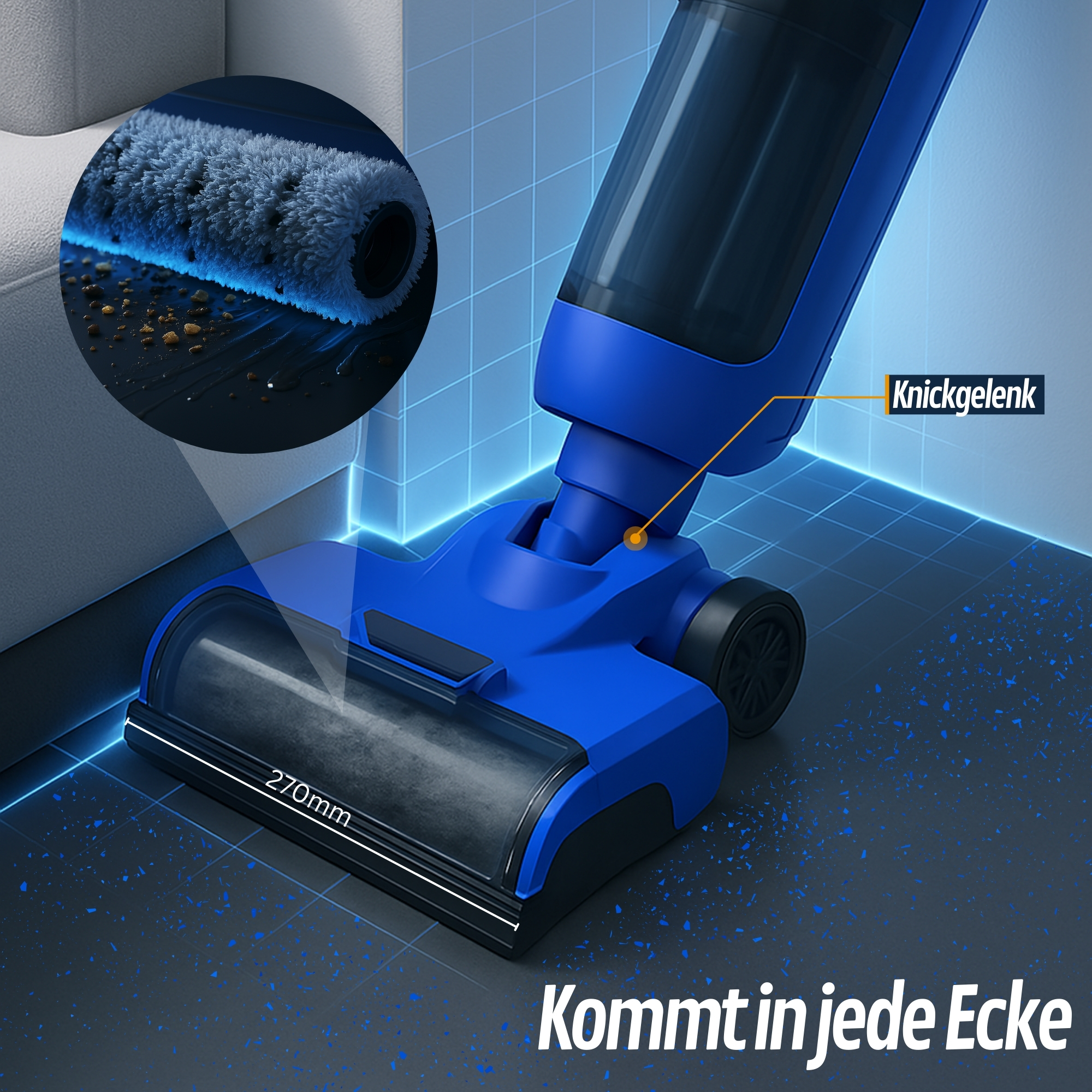 Nahaufnahme eines blau-schwarzen Staubsaugerkopfes auf blauem Fliesenboden. Text sichtbar.