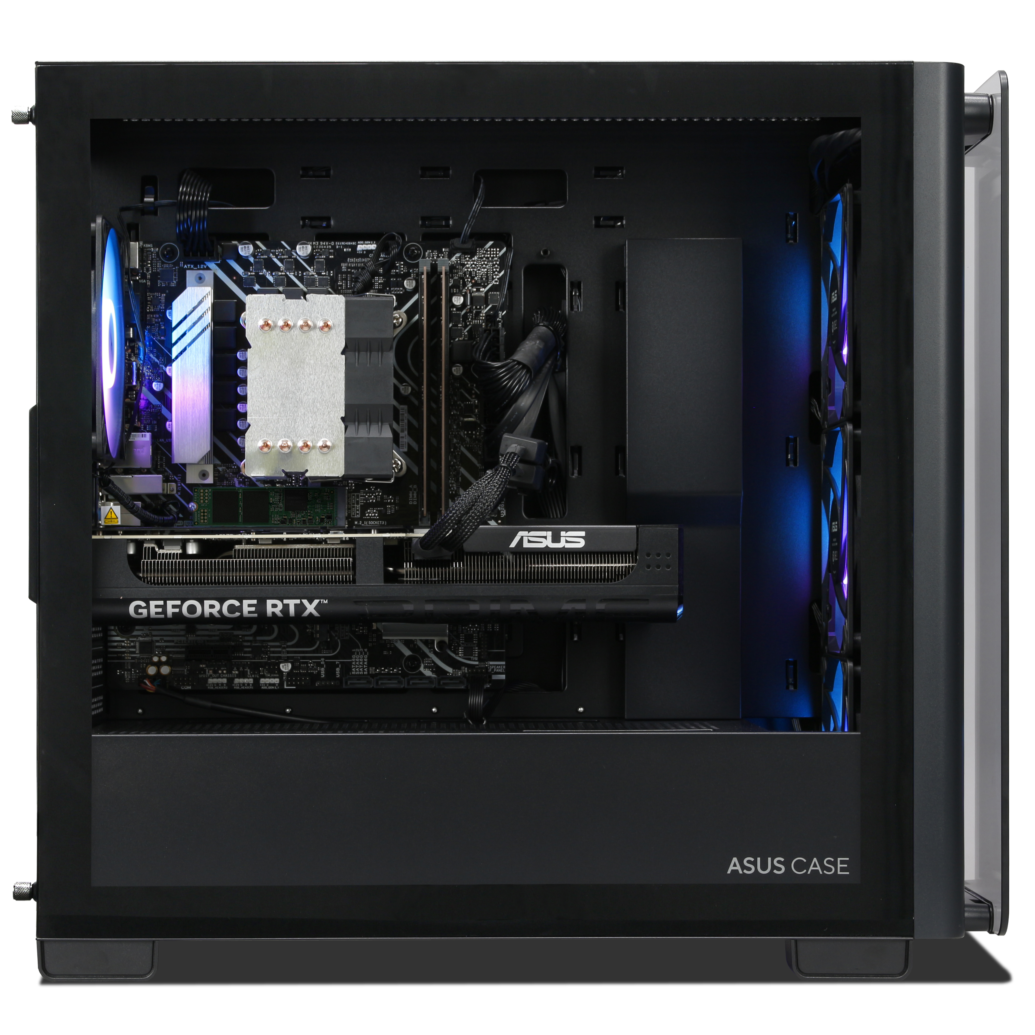 Schwarzes PC-Gehäuse mit sichtbaren Komponenten. Lüfter mit blauen und rosa Lichtern sind innen.