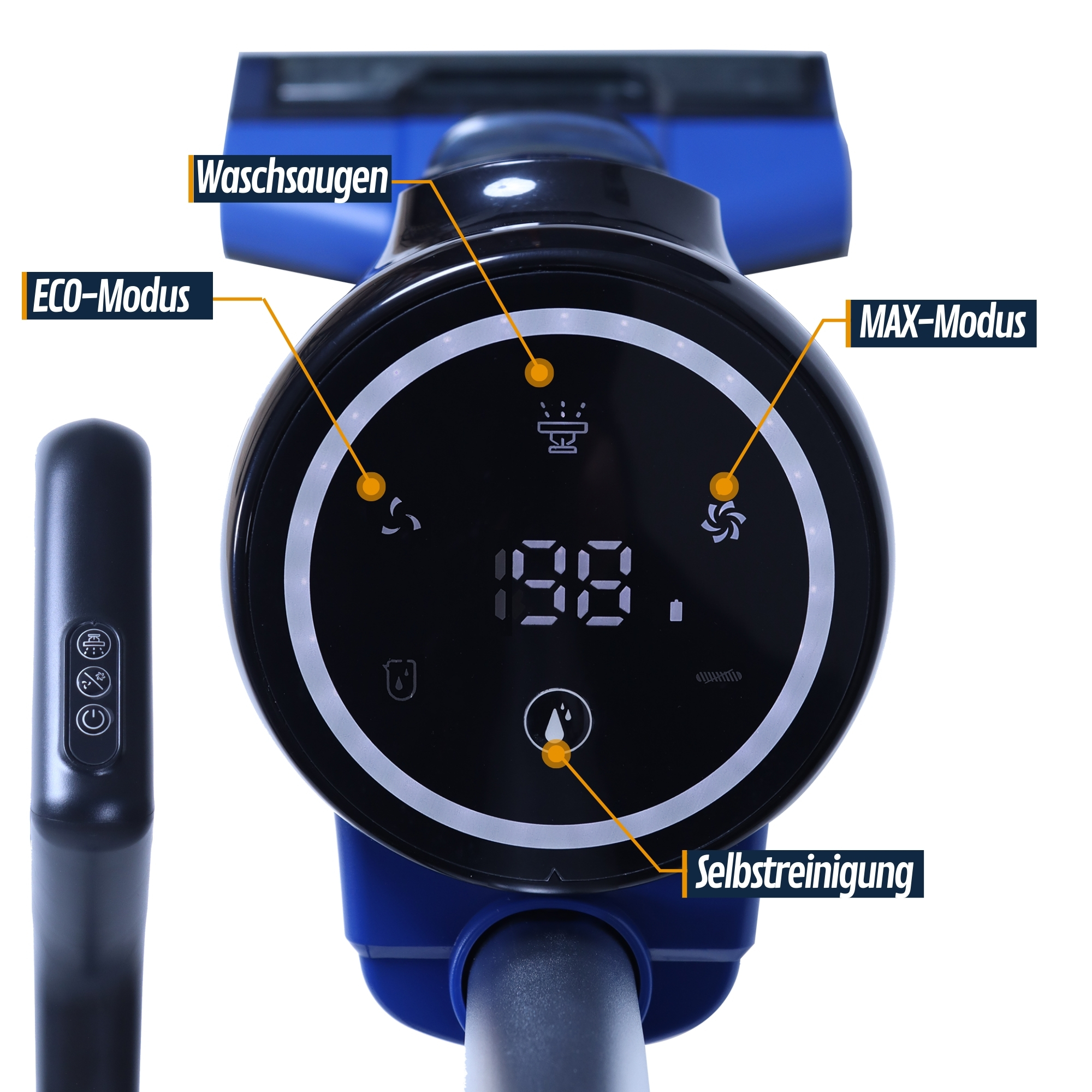 Die Oberseite eines blau-schwarzen Staubsaugers mit Display und Steuertasten.