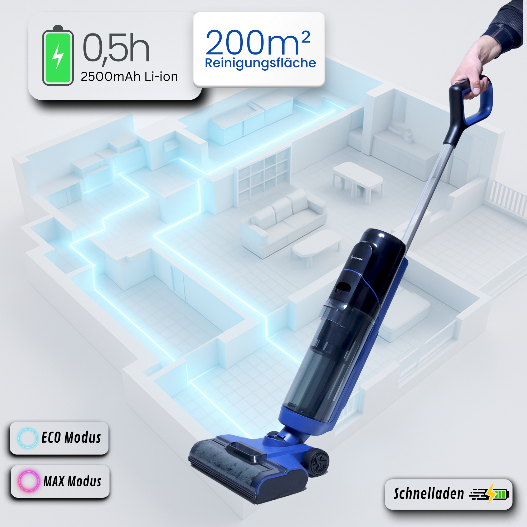 Staubsauger in Aktion, Reinigung eines Raumlayouts mit Energiespar- und Max-Modus-Optionen.