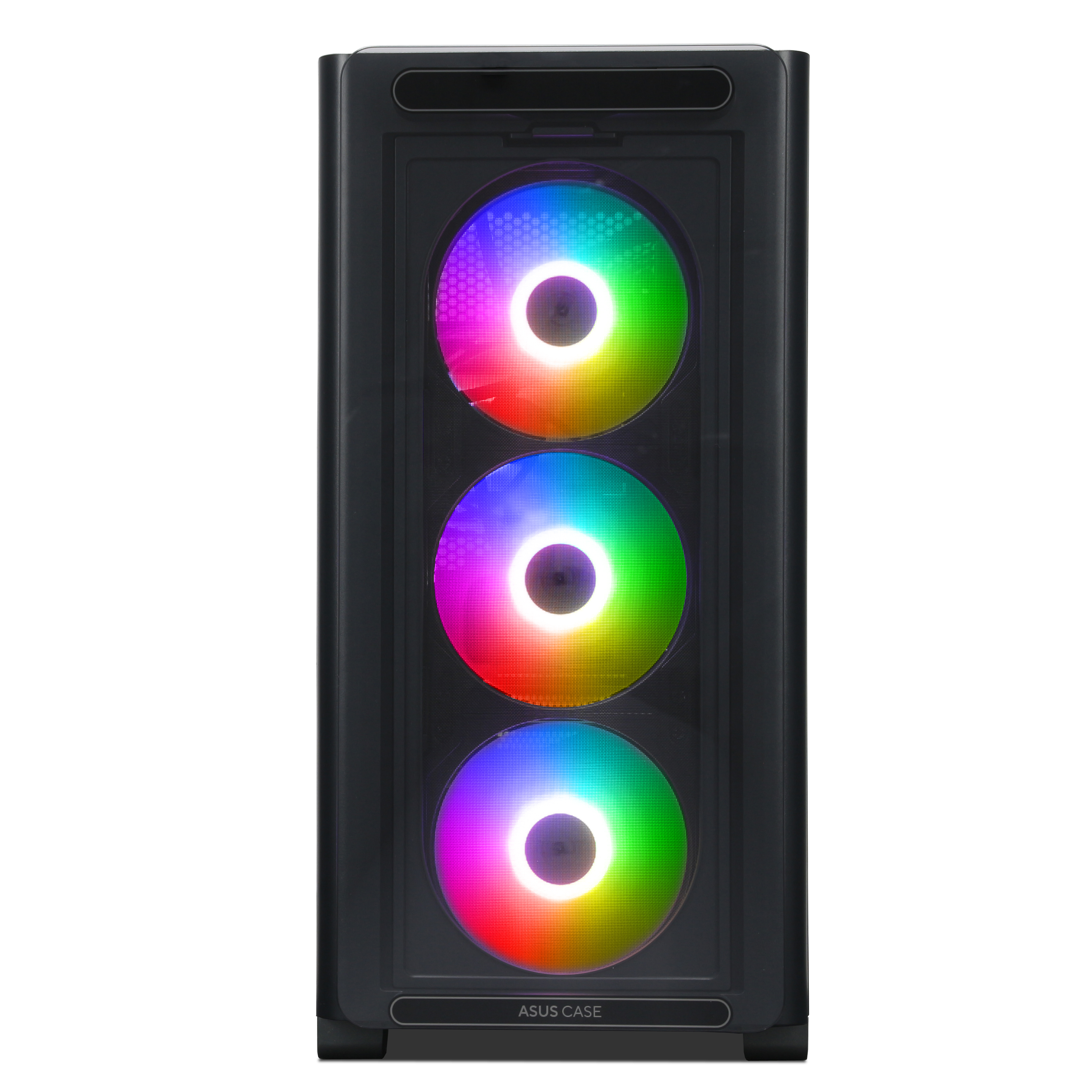 Schwarzes PC-Gehäuse mit drei bunten RGB-Lüftern, die durch die Frontplatte sichtbar sind.