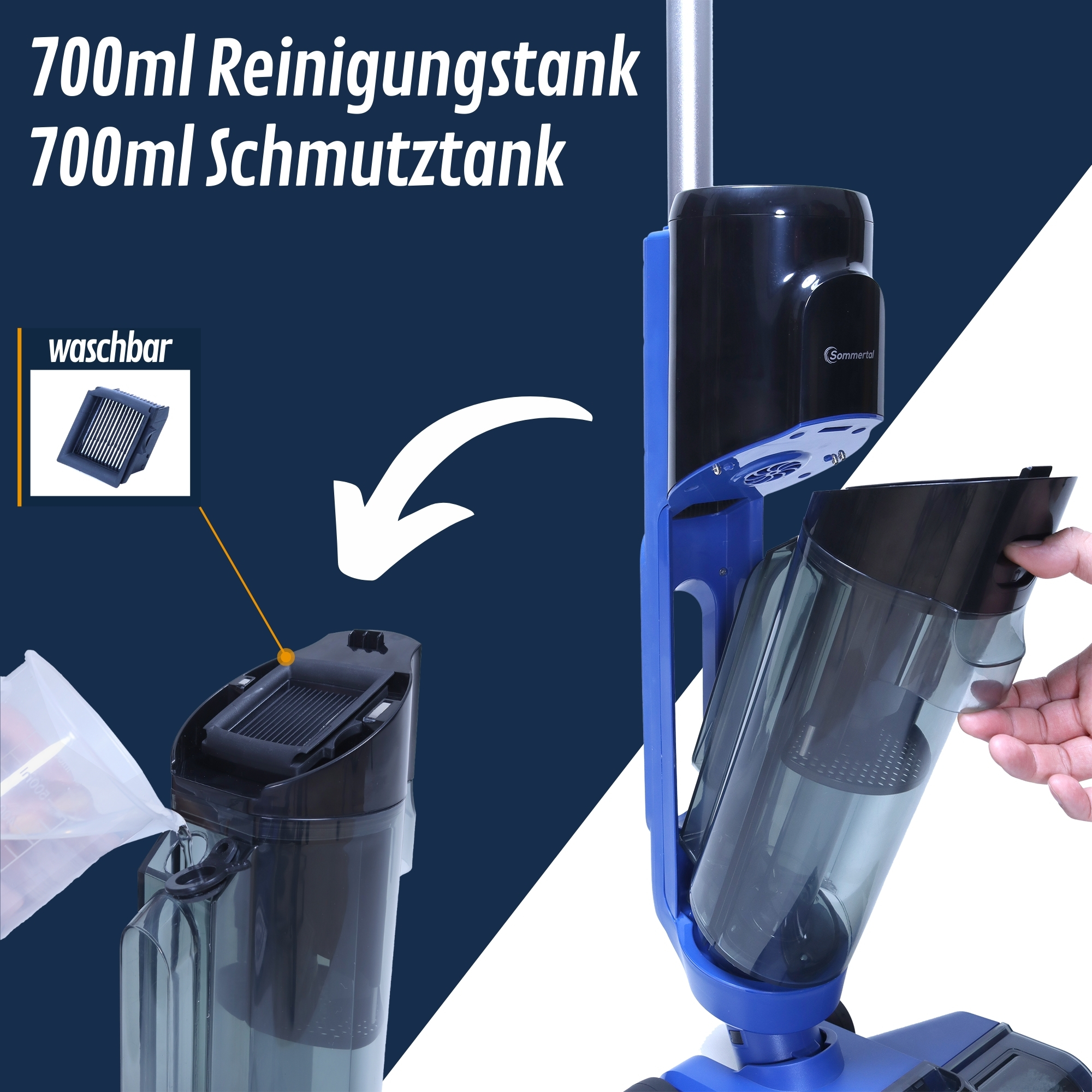 Details des Staubsauger-Reinigungstanks, zeigt den herausnehmbaren Filter und den Tank.