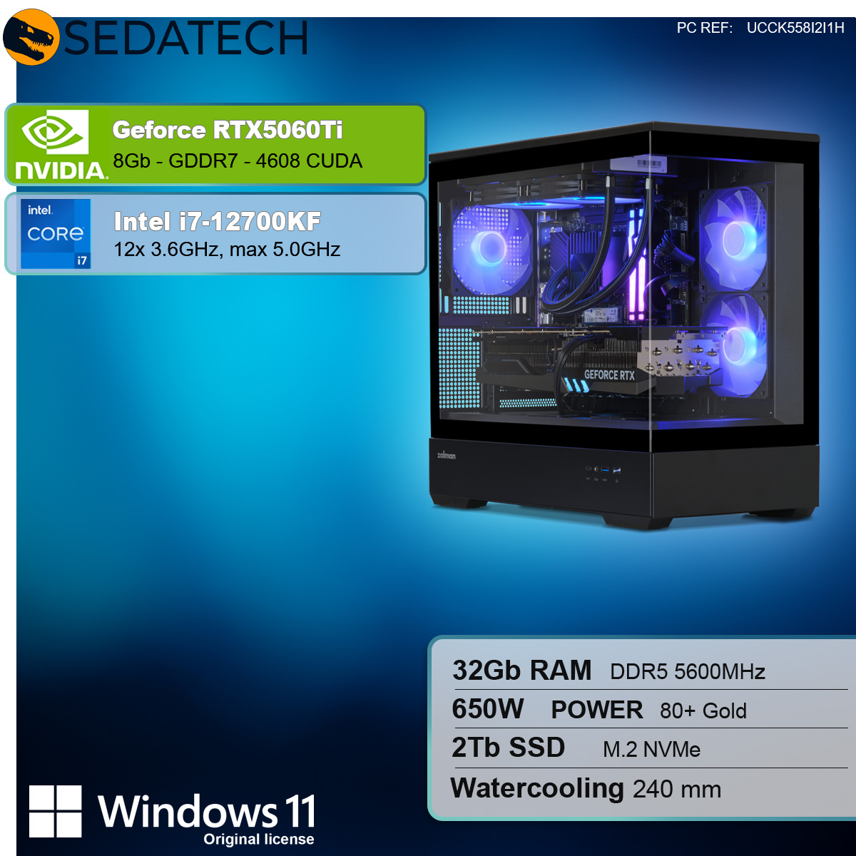 Case PC nero con specifiche: RTX5060Ti, i7-12700KF, 32Gb RAM, 650W, 2Tb SSD e raffreddamento a liquido.