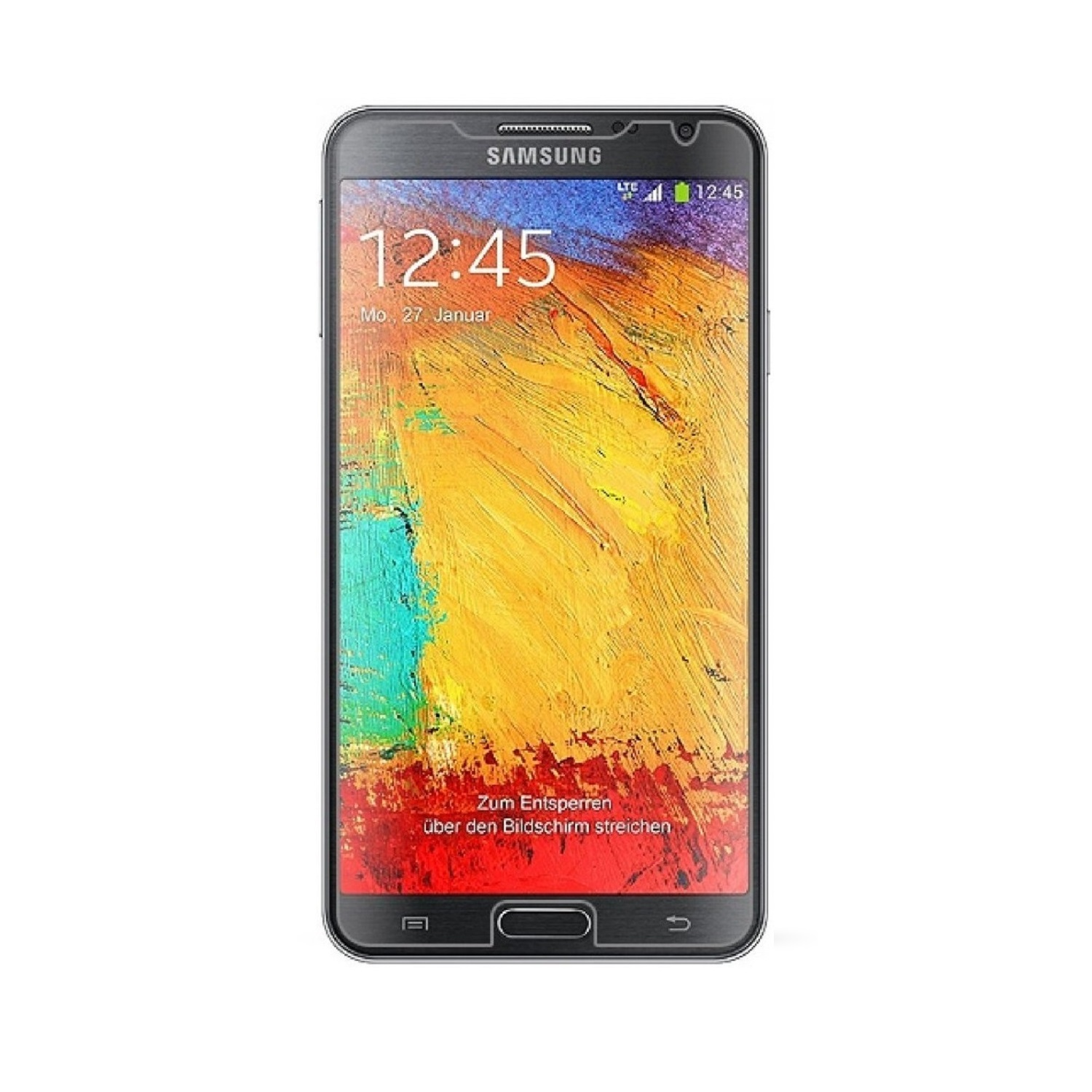 Telefon zeigt farbiges Bild, Uhrzeit 12:45 und Datum. Es ist ein Samsung-Gerät.