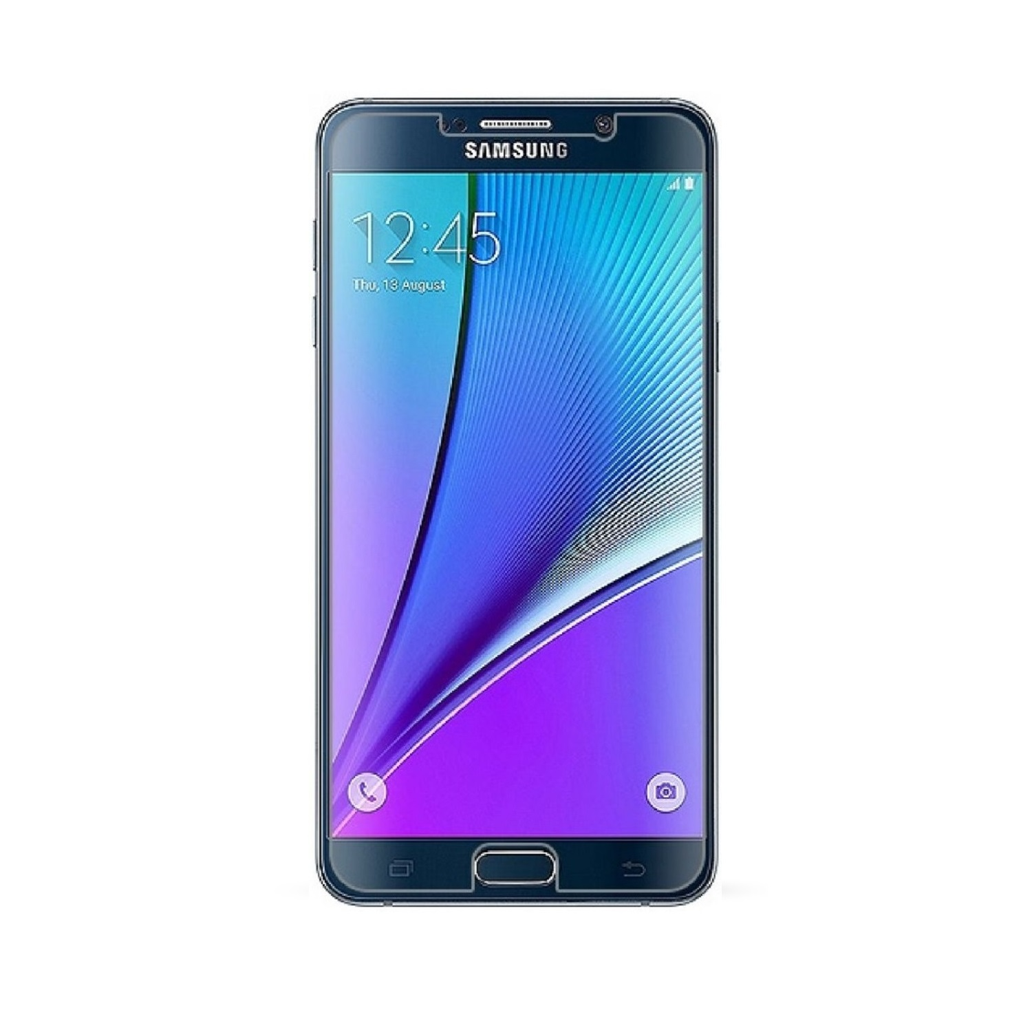 Ein Samsung-Smartphone. Der Bildschirm zeigt Uhrzeit und Datum an. Das Telefon hat eine Home-Taste und Kamera.