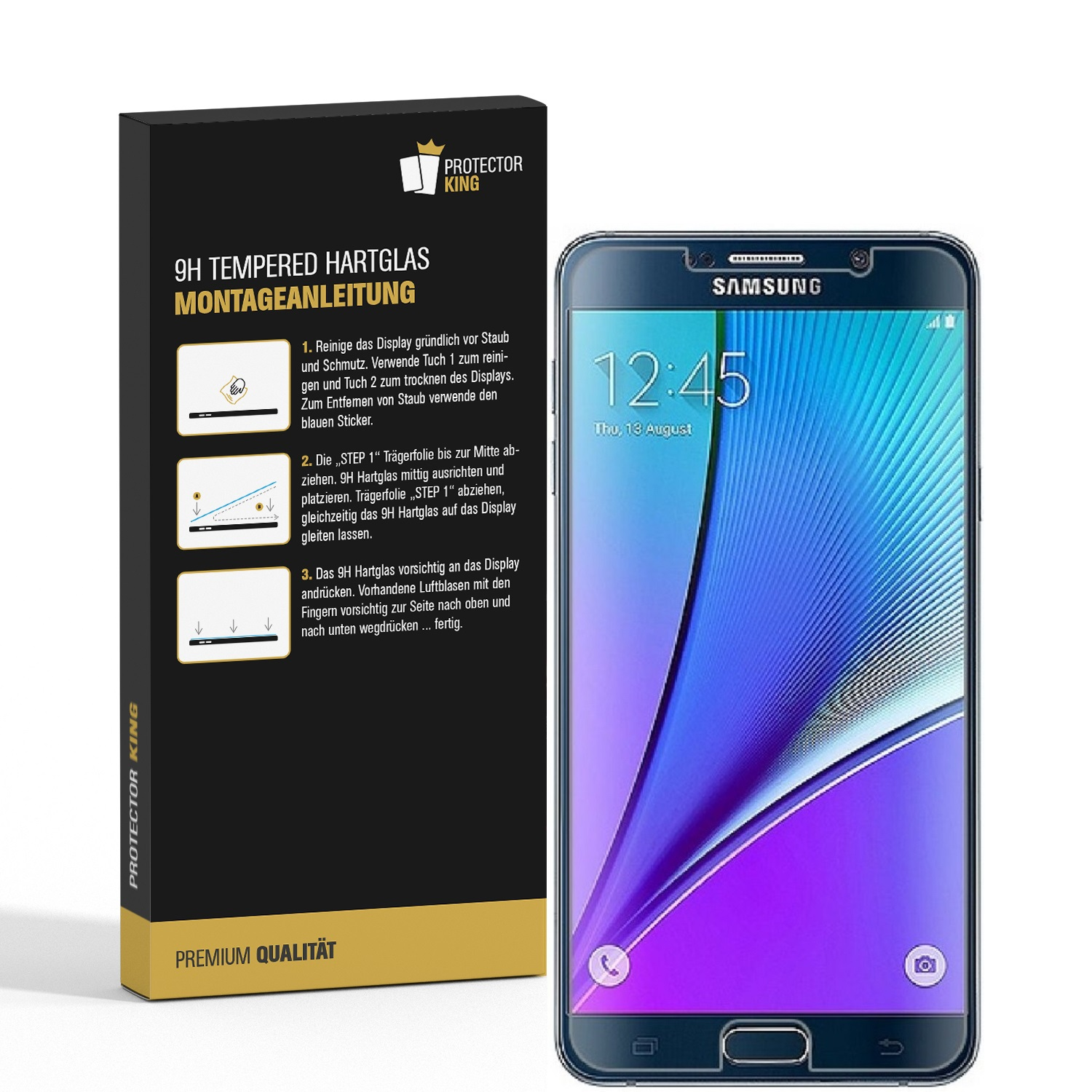 Telefon mit Displayschutzfolie und Verpackung.