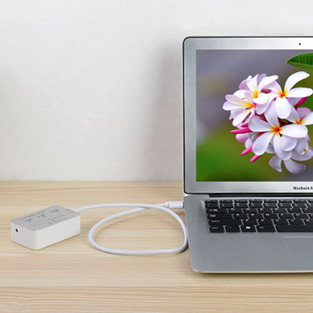 Laptop mit Blumen, mit angeschlossenem USB-Hub.
