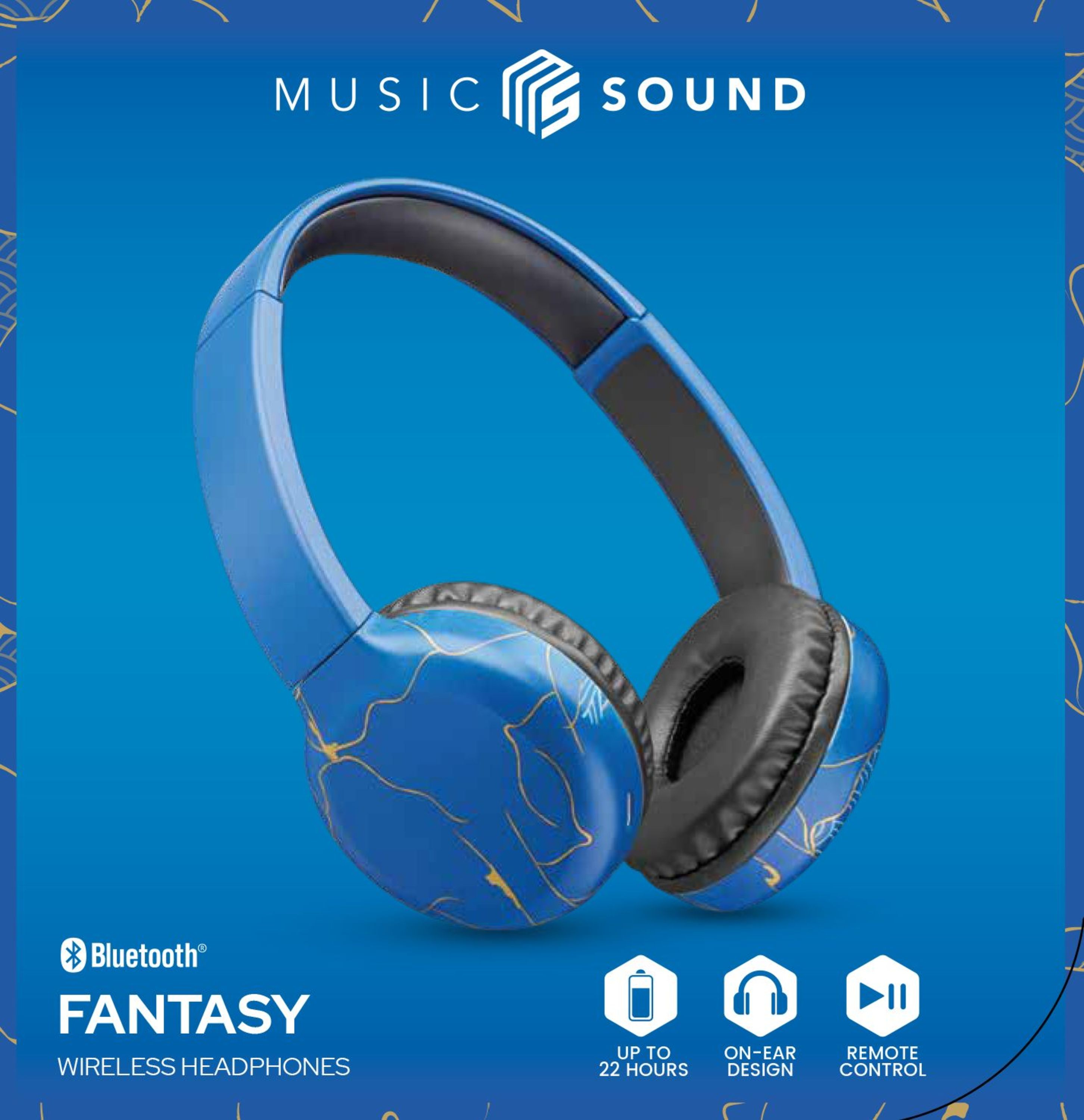 Cuffie wireless blu con design on-ear. Testo: Music Sound, Bluetooth, fino a 22 ore, telecomando.