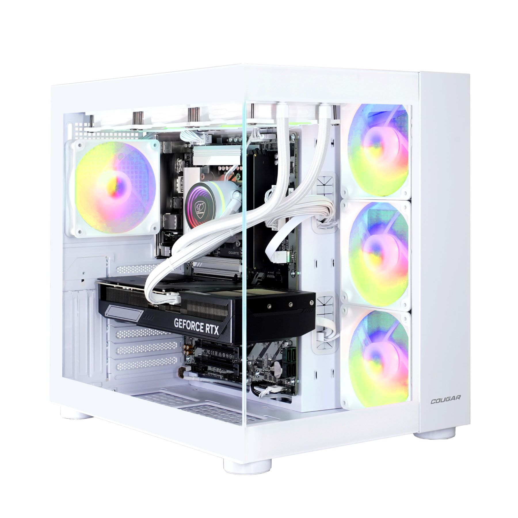 Weißes Computergehäuse mit Glasseite. Innen: Lüfter mit Regenbogenlichtern, Komponenten, schwarze GPU.