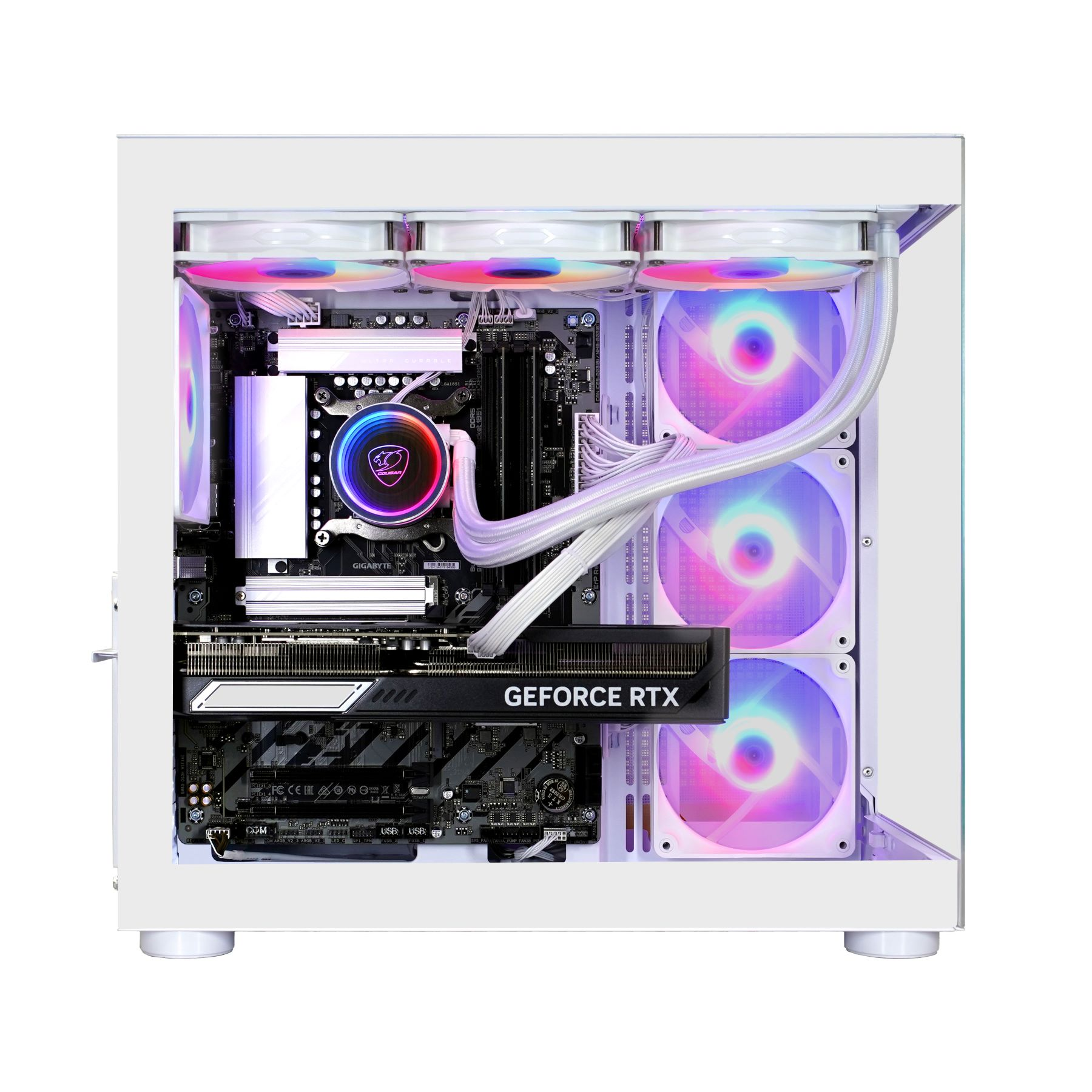 Weißes Computergehäuse mit internen Komponenten: Lüfter, CPU-Kühler und eine GeForce RTX-Grafikkarte.