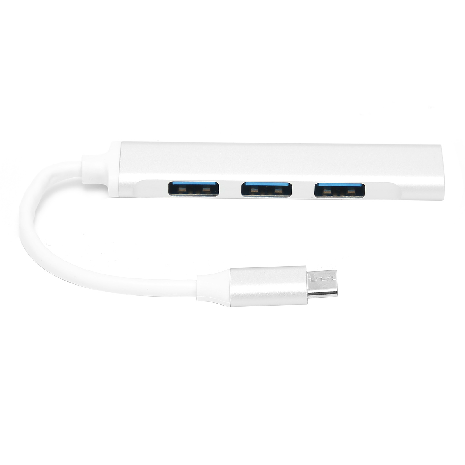 Weißer USB-Hub mit drei USB-Anschlüssen. Weißes Kabel und USB-Anschluss. Weißer Hintergrund.