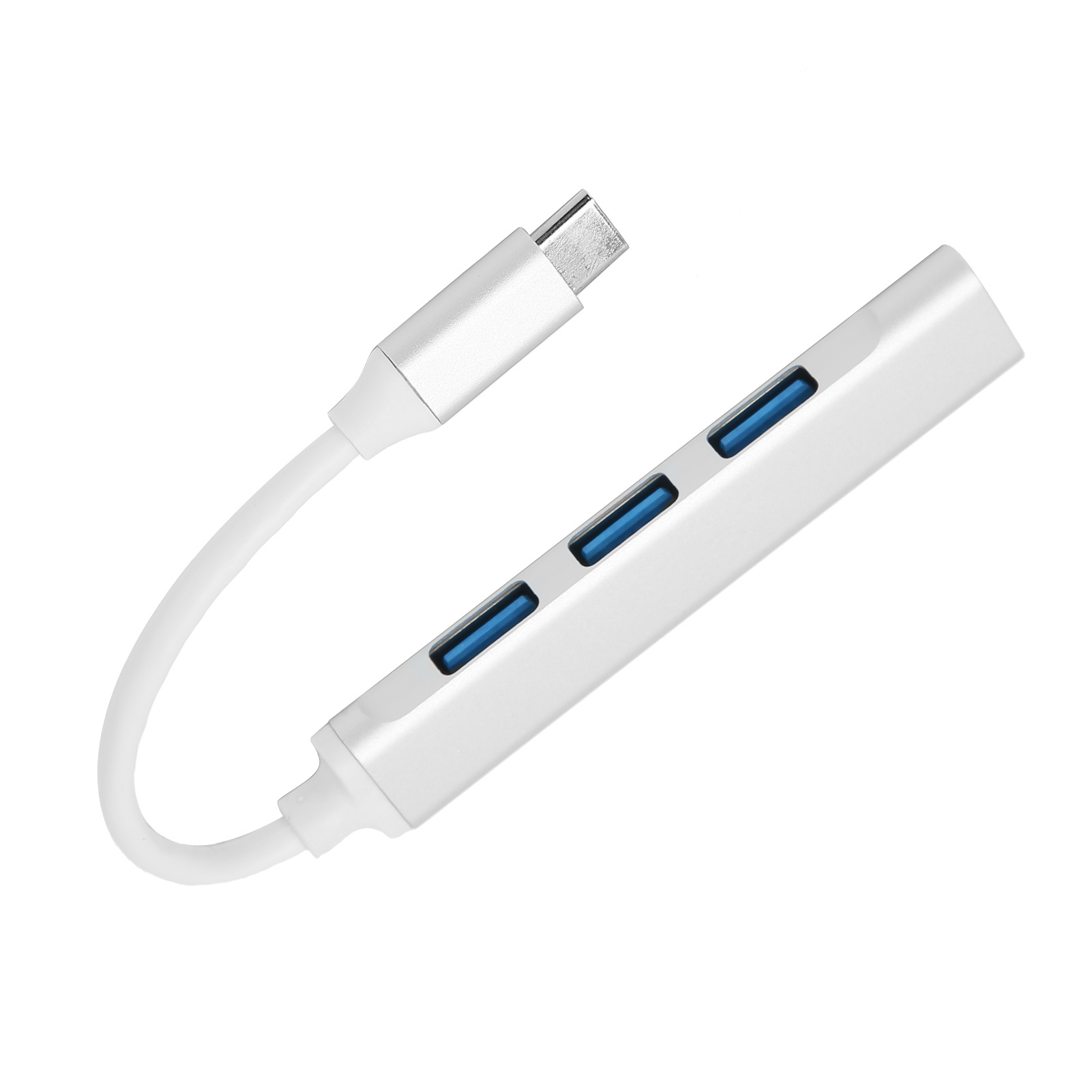 Weißer USB-Hub mit drei blauen USB-Anschlüssen und einem USB-C-Anschluss.