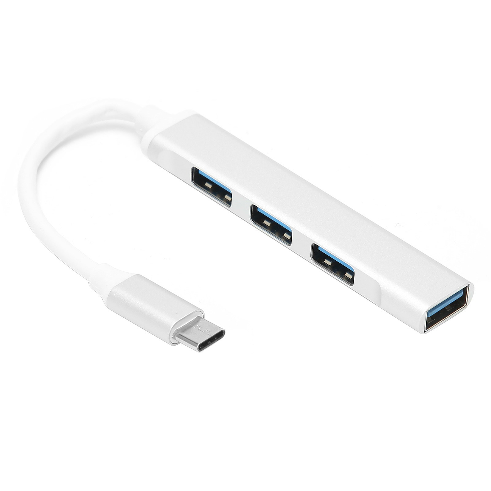 Weißer USB-Hub mit vier USB-Anschlüssen. Weißes Kabel und USB-C-Anschluss. Weißer Hintergrund.