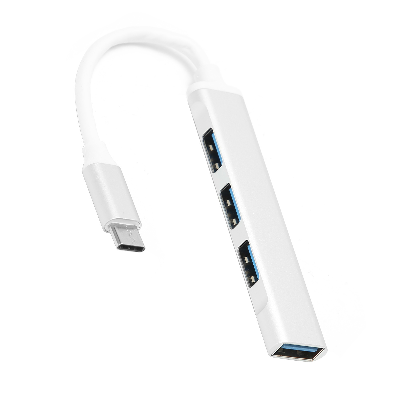 Weißer USB-Hub mit drei blauen USB-Anschlüssen und einem weißen USB-C-Anschluss. Weißer Hintergrund.