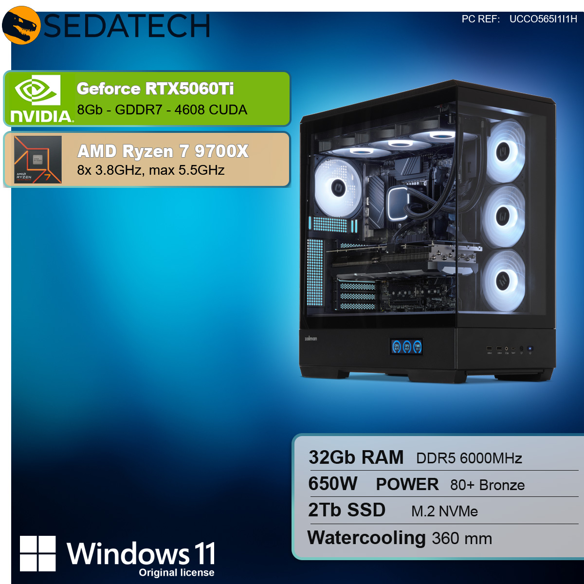 Case per computer nero con lato in vetro. All'interno: componenti, raffreddamento a liquido, ventole. Specifiche a sinistra.