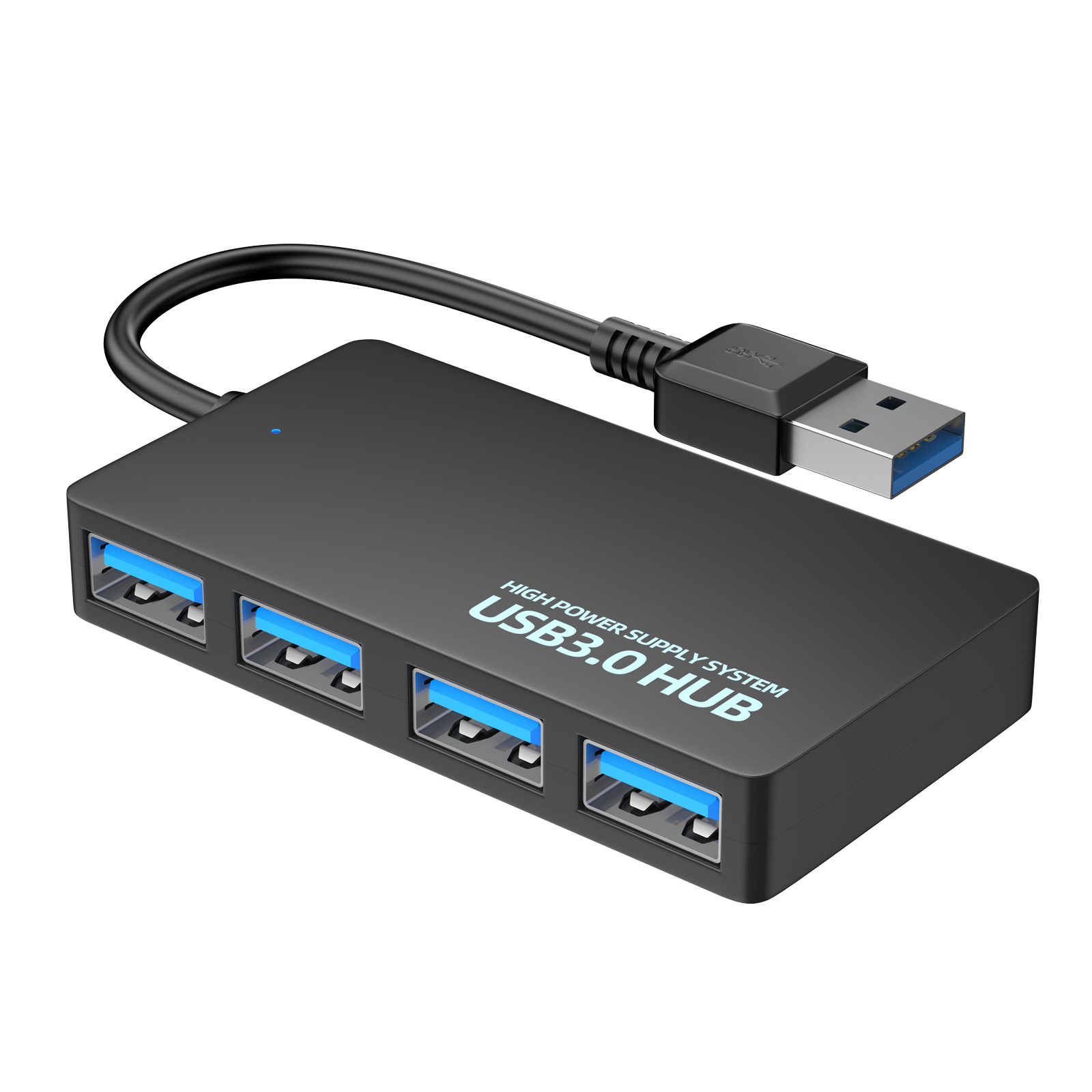 Schwarzer USB 3.0 Hub mit vier blauen Anschlüssen. Schwarzes Kabel und USB-Anschluss. Weißer Text.
