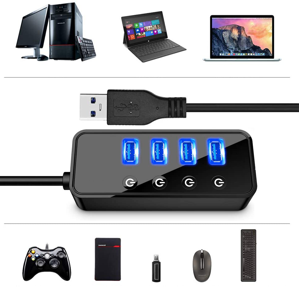 Computer, Laptop und USB-Hub mit Zubehör wie Maus und Gamecontroller.