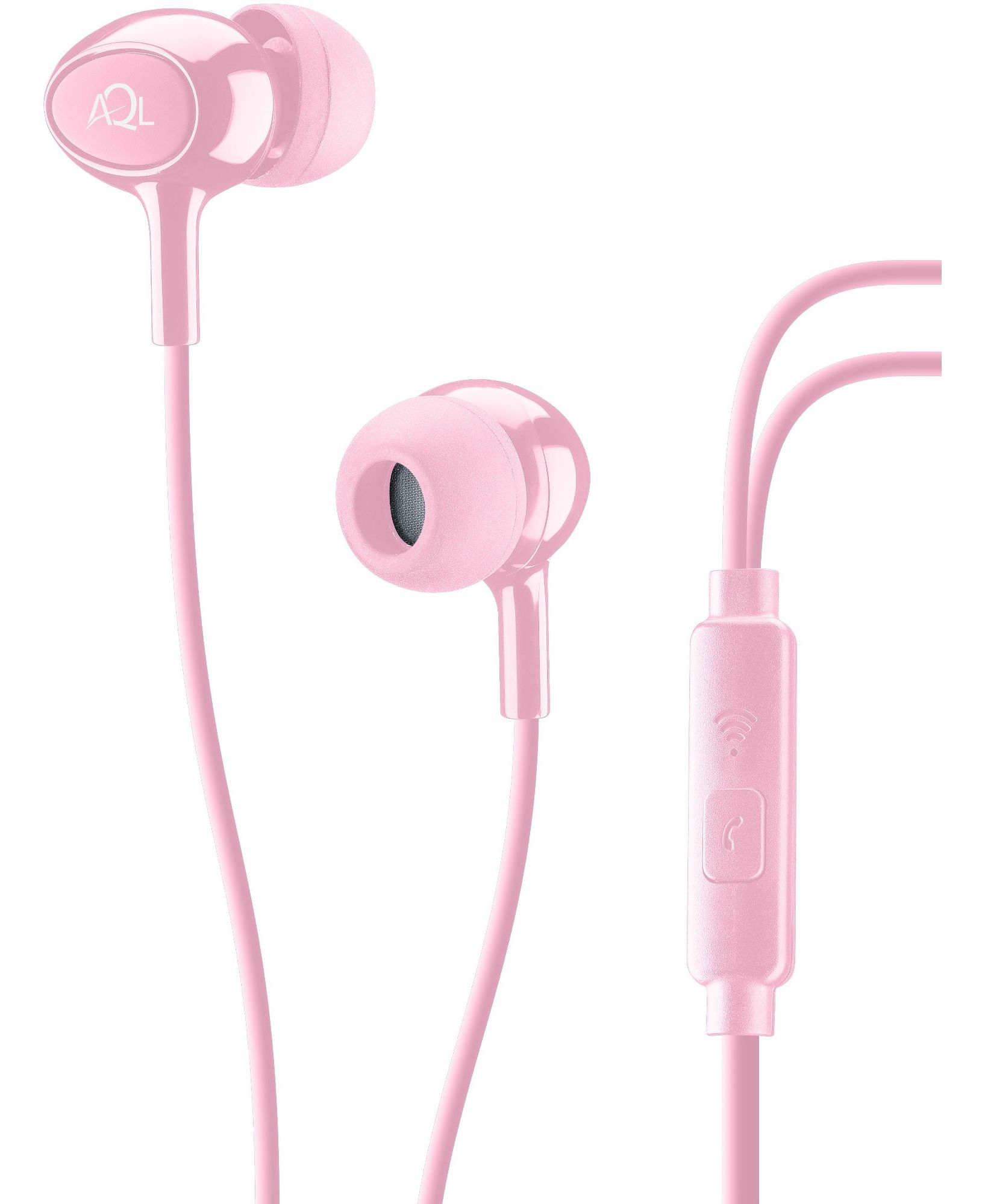 Rosa In-Ear-Kopfhörer mit Mikrofon und Steuertaste, isoliert auf weißem Hintergrund.