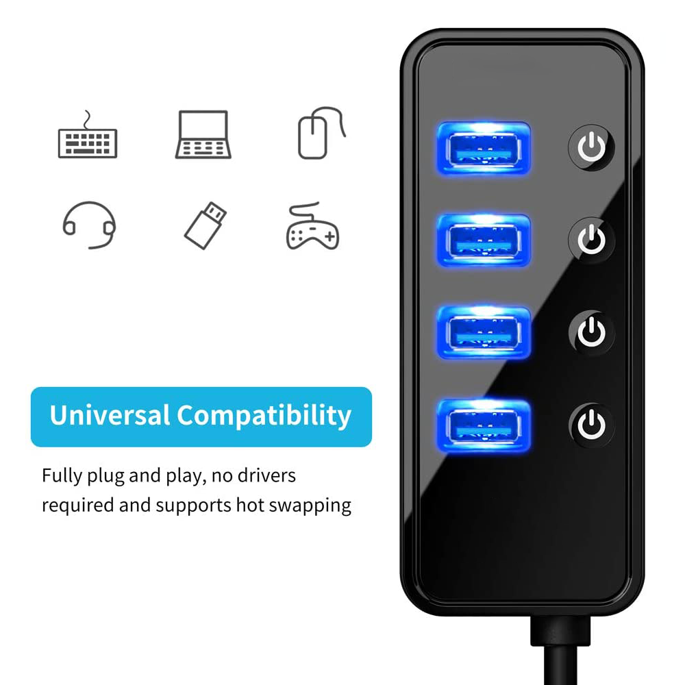 Schwarzer USB-Hub mit vier blau beleuchteten Anschlüssen und Symbolen für verschiedene Geräte.