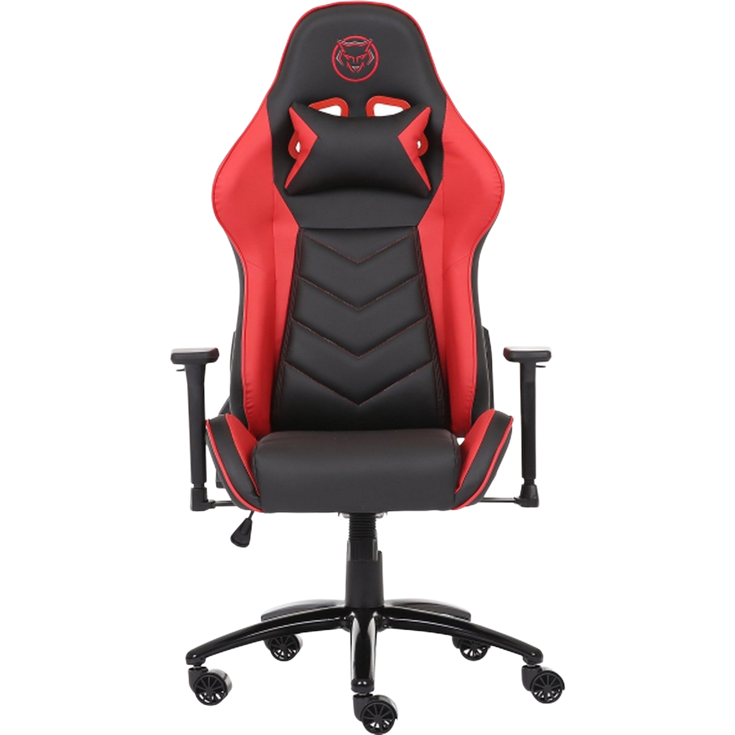Gaming-Stuhl in Rot und Schwarz, mit Kopfstütze und Armlehnen, isoliert auf schwarzem Hintergrund.