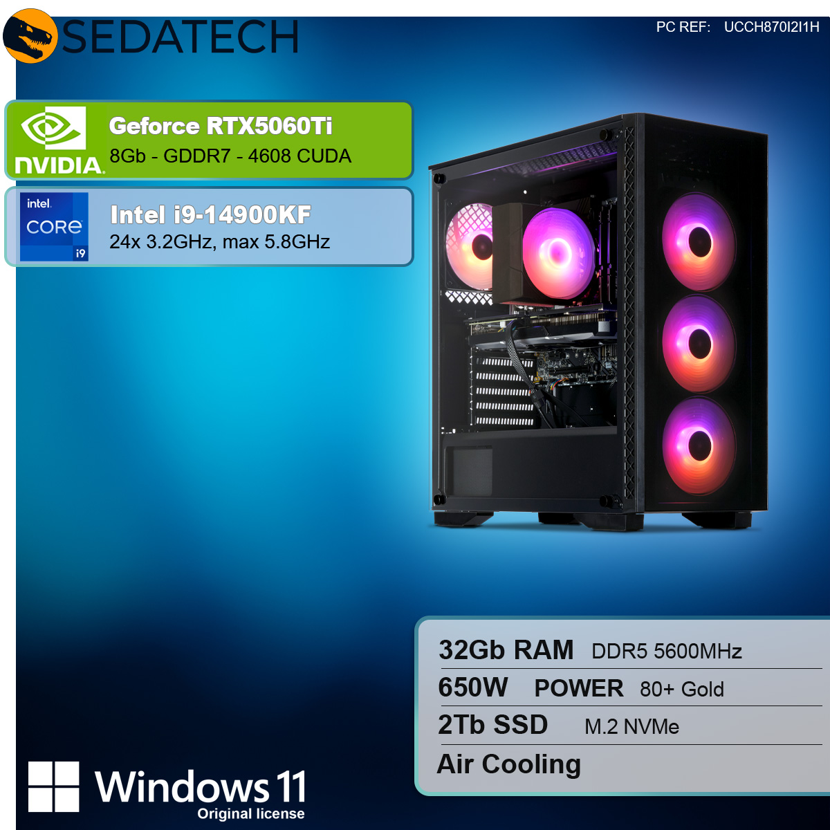 Una torre del computer con lato in vetro, che mostra i componenti. Il testo mostra NVIDIA GeForce RTX, Intel Core i9 e Windows 11.