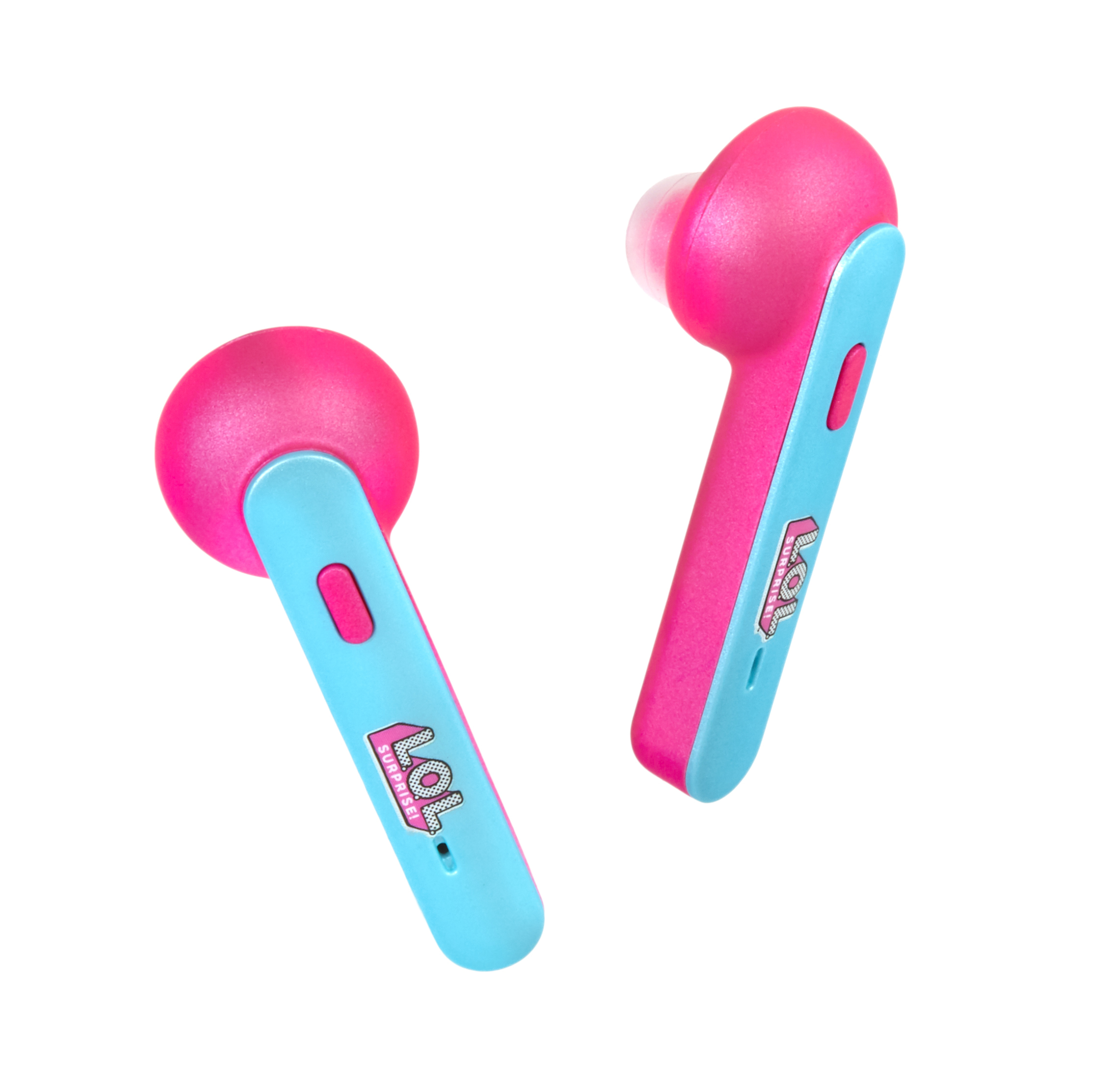 Due auricolari rosa e blu. Ogni auricolare ha una parte superiore rosa arrotondata e uno stelo blu.
